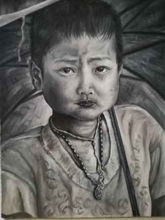 An Asian Child With Umbrella