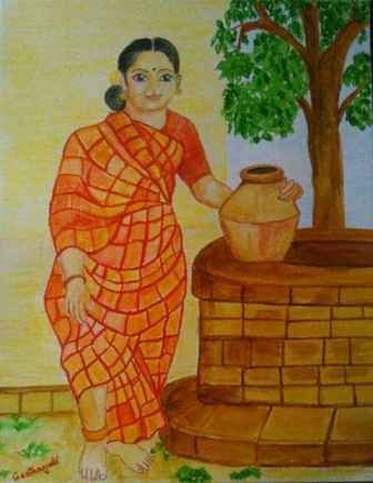 Village Women With Pot In Well Kids Drawing
