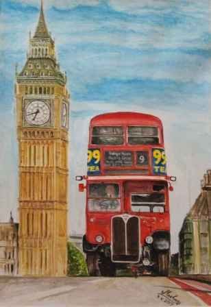 Watercolor Painting Of Bigben And Red London