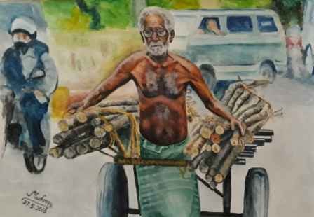 Watercolor Painting Of Old Man Pulling