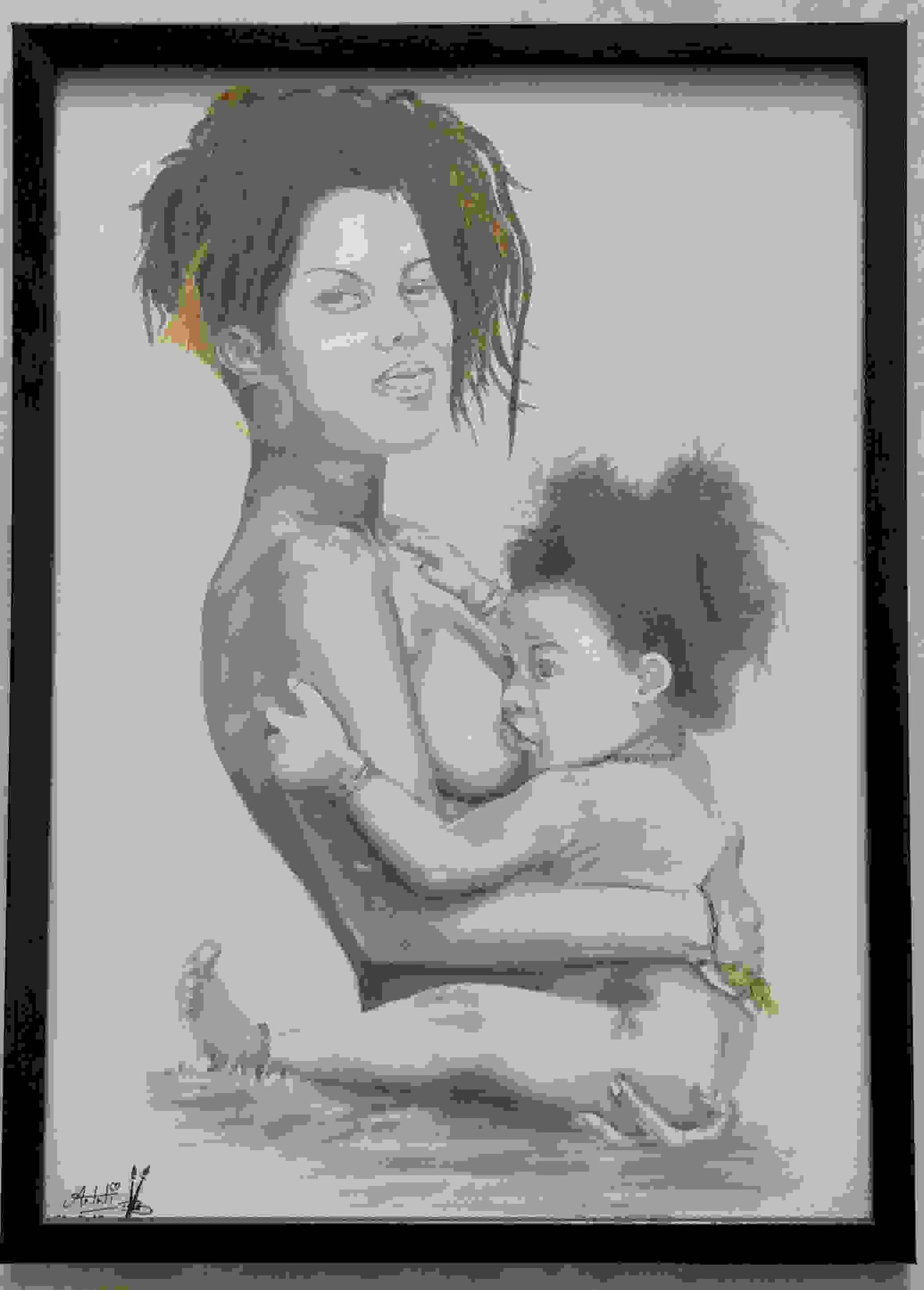 Painting Of Child With Mother In Pencile Sketch Size A3