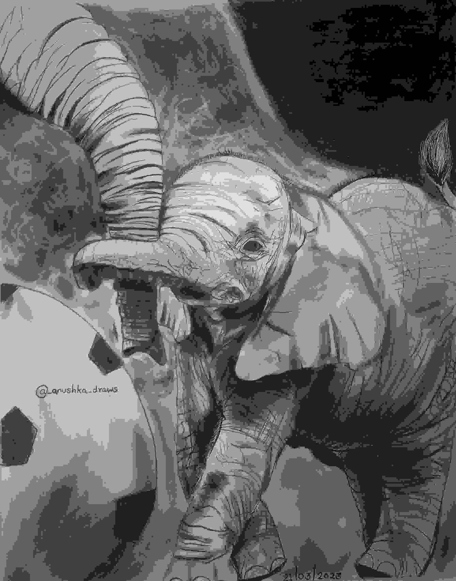 Painting Of Baby Elephant With Mom In Charcoal Pencil Size