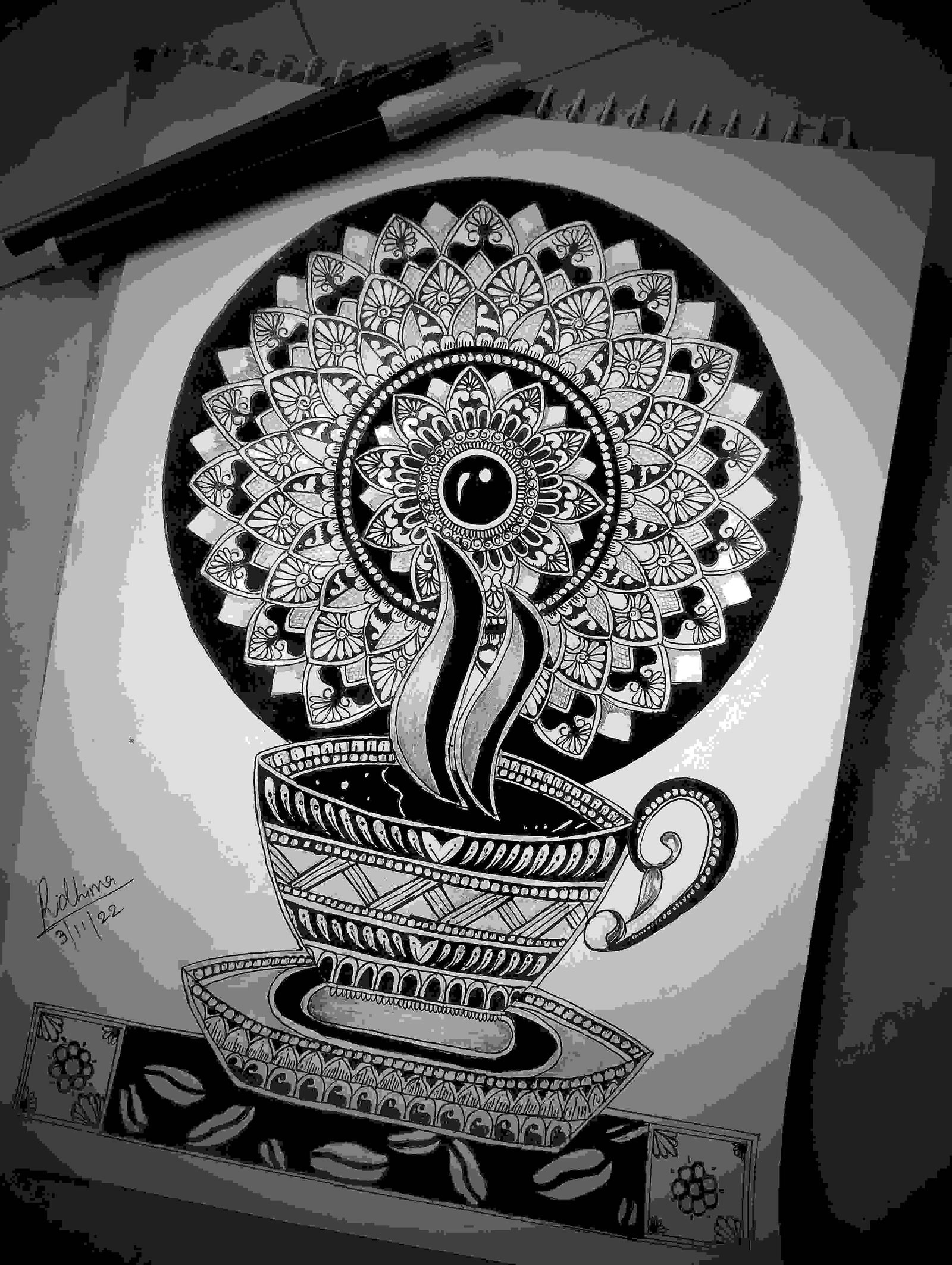 Cup And Plate In Floral Shades Mandala Art