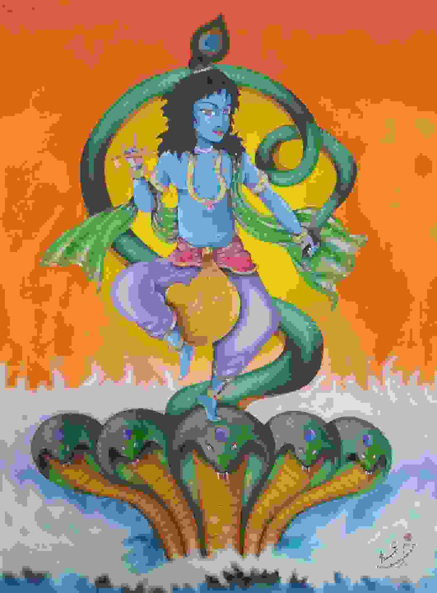Painting Of Kalinga Mardhana In Acrylic On Cloth Size 3x5