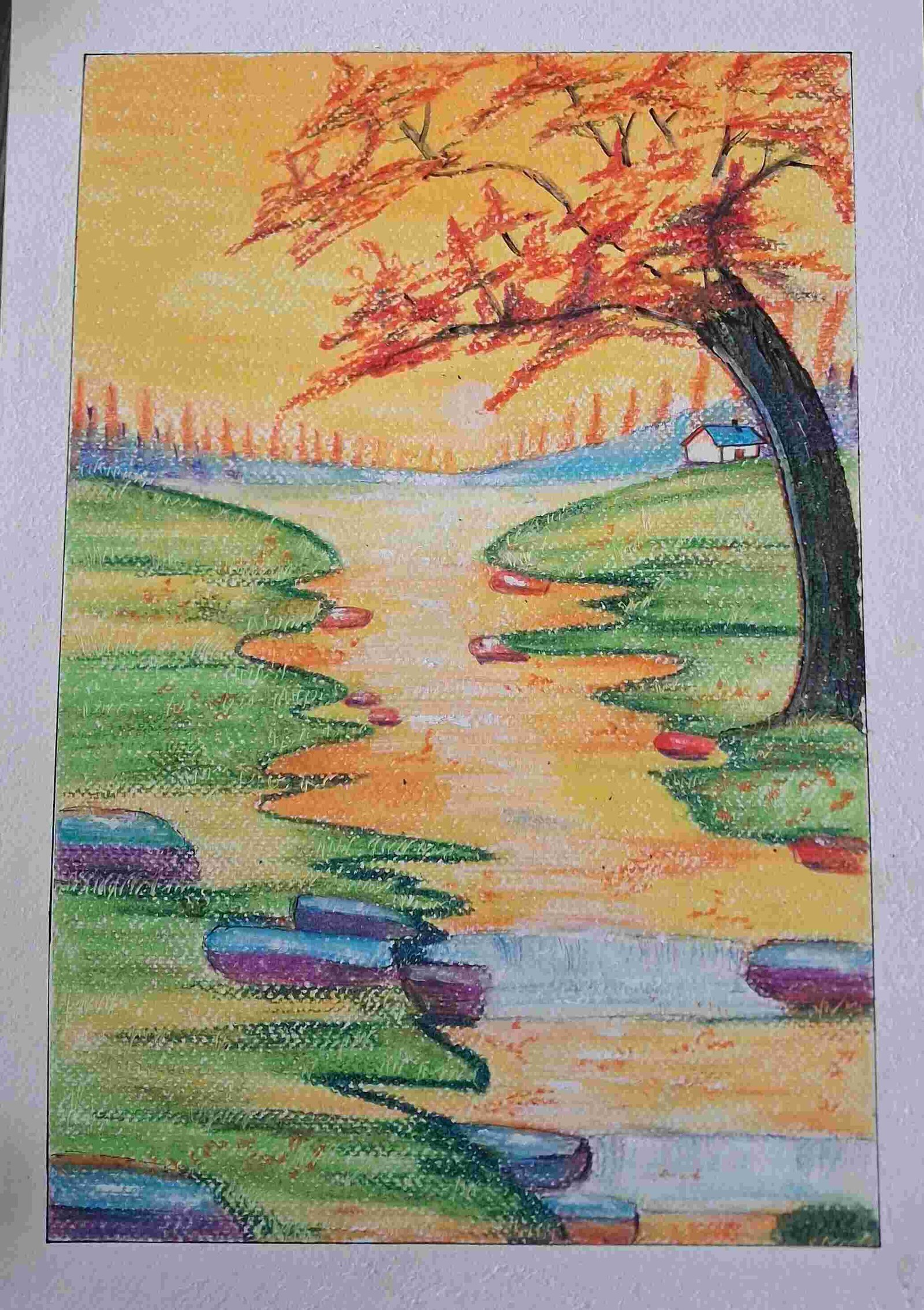 Landscape View Of An Autumn For Kids Drawing