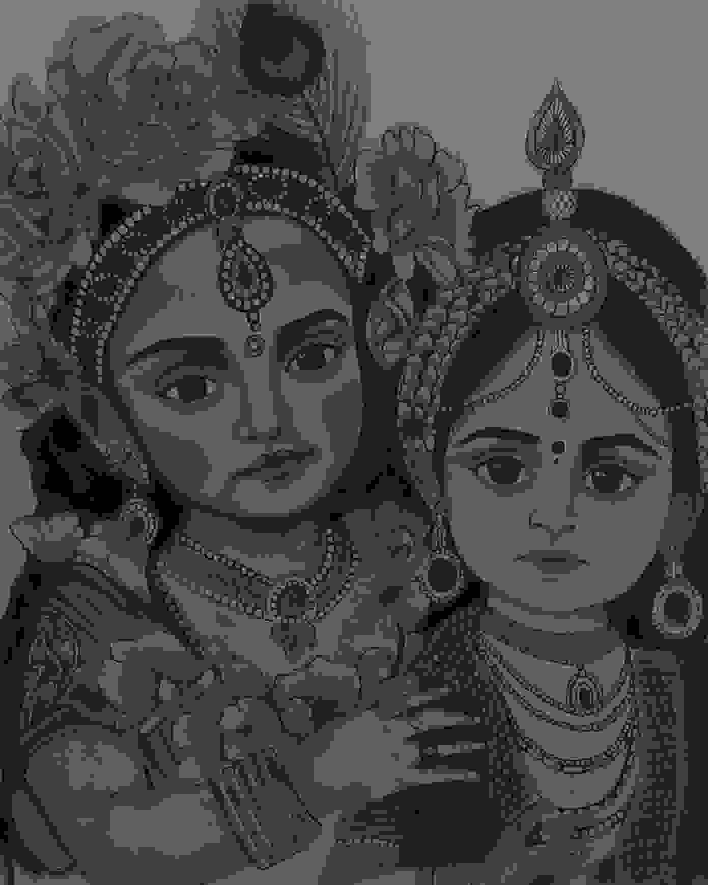 Divine Romance: Stunning Black and White Sketch Print of Radha Krishn