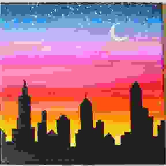 Painting Of Skyscraper View At Night In It Was Drawn Using A