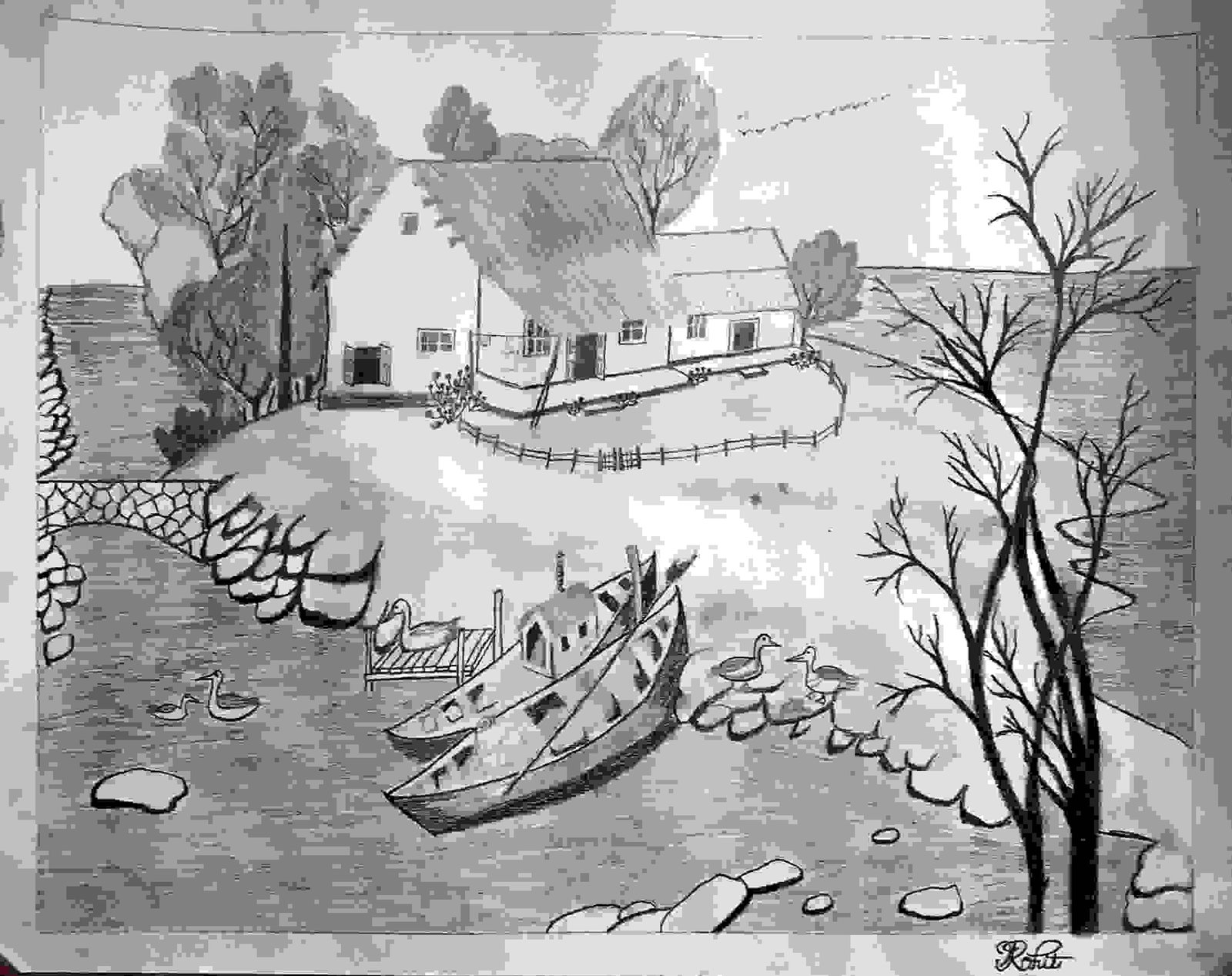 Painting Of A House Along A River Bed In It Was Drawn