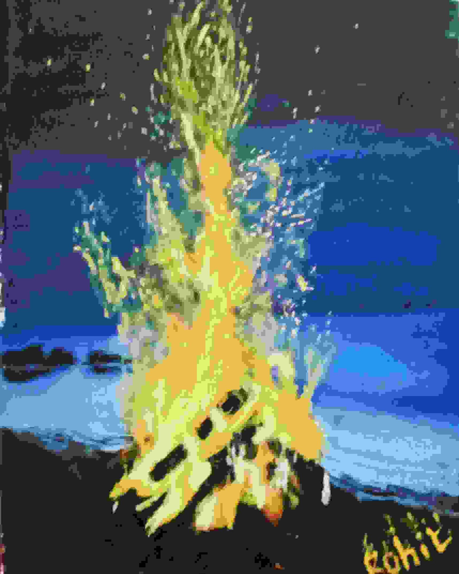 Painting Of A Bonfire In A Beach In It Was Drawn On Canvas