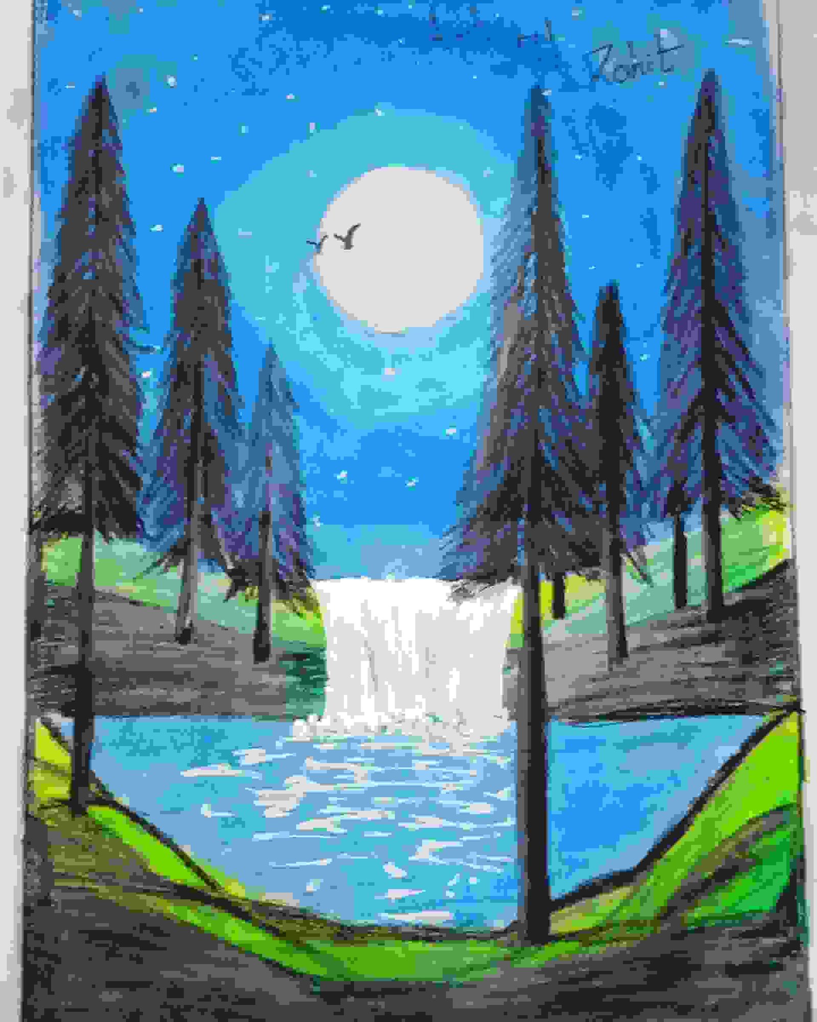 Painting Of A Beautiful Watefall Scenery In A Moonlight In