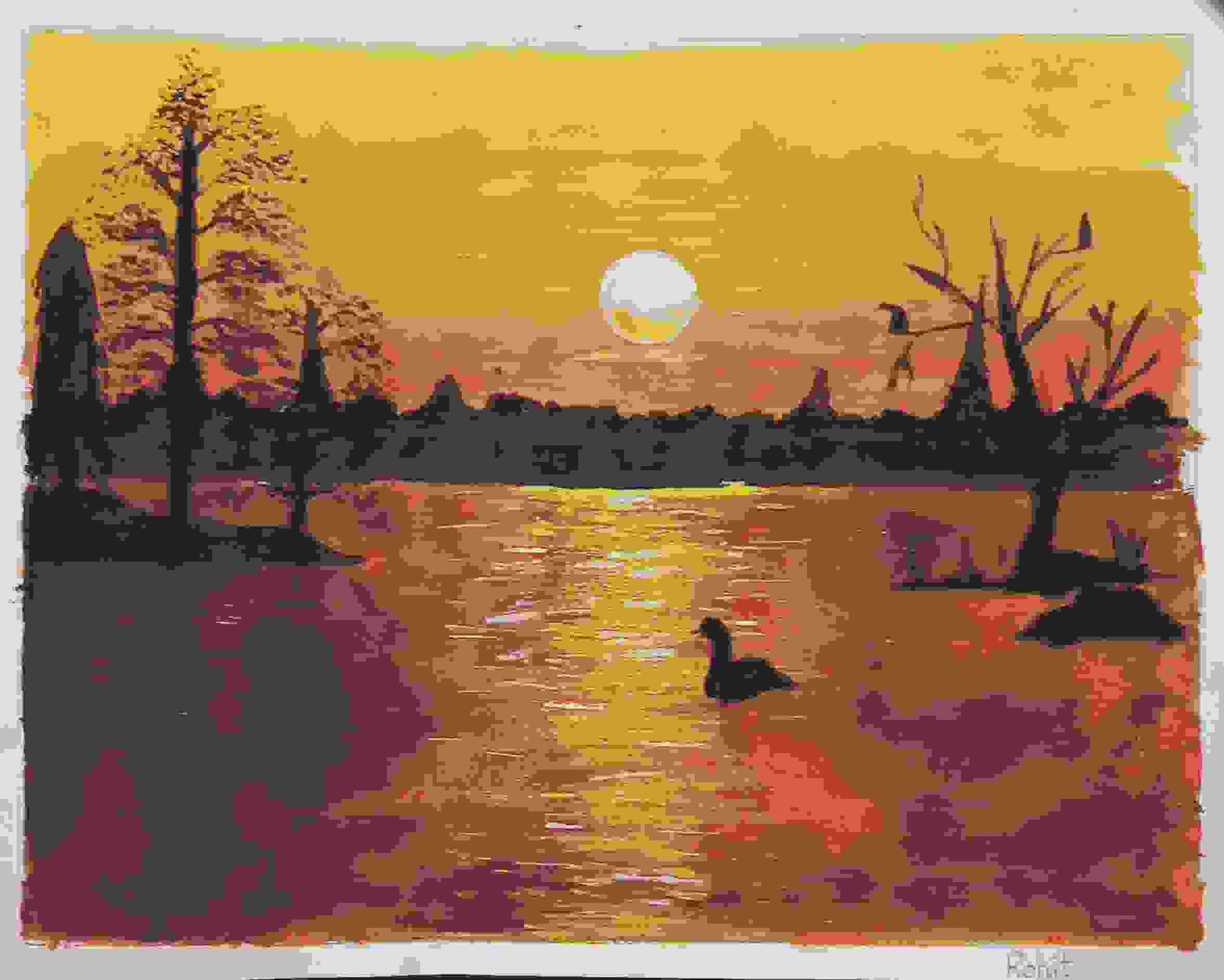 Painting Of River During A Sunset In It Was Drawn Using Acry