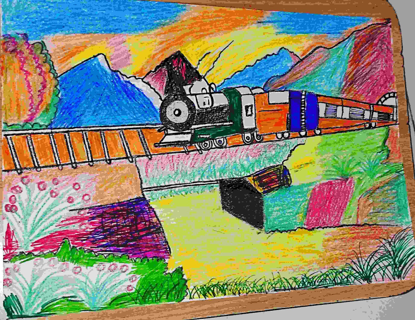 Painting Of Train Scenery In Oil Pastel Size A2 Size Paper