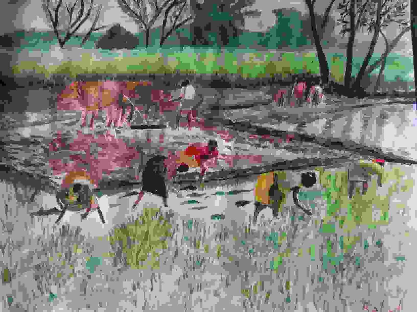 Farmers Working In The Paddy Field It Is A Water Color Painting It Is 