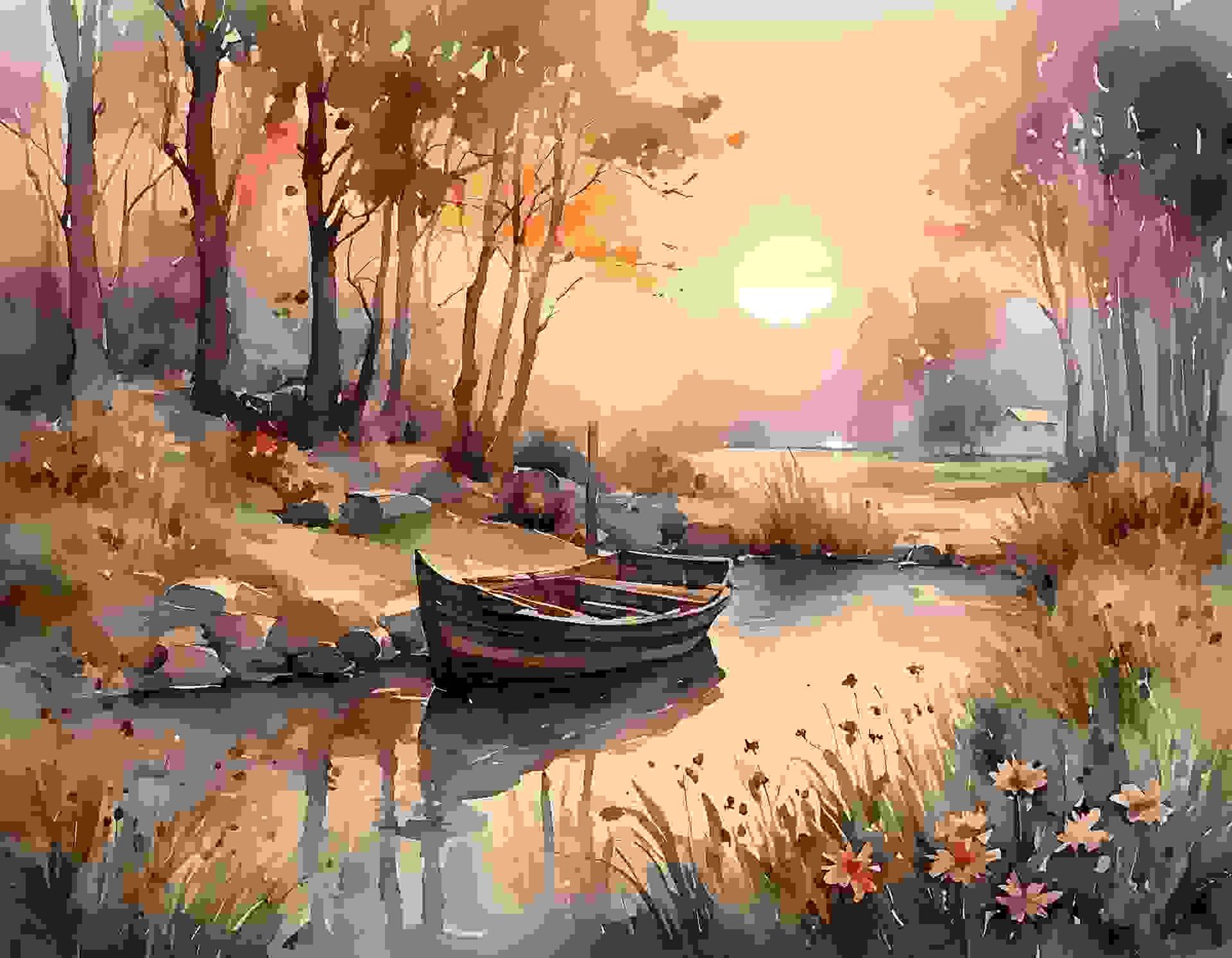 Painting Of Rowboat River In Painting Size 19201494 Sq Cm