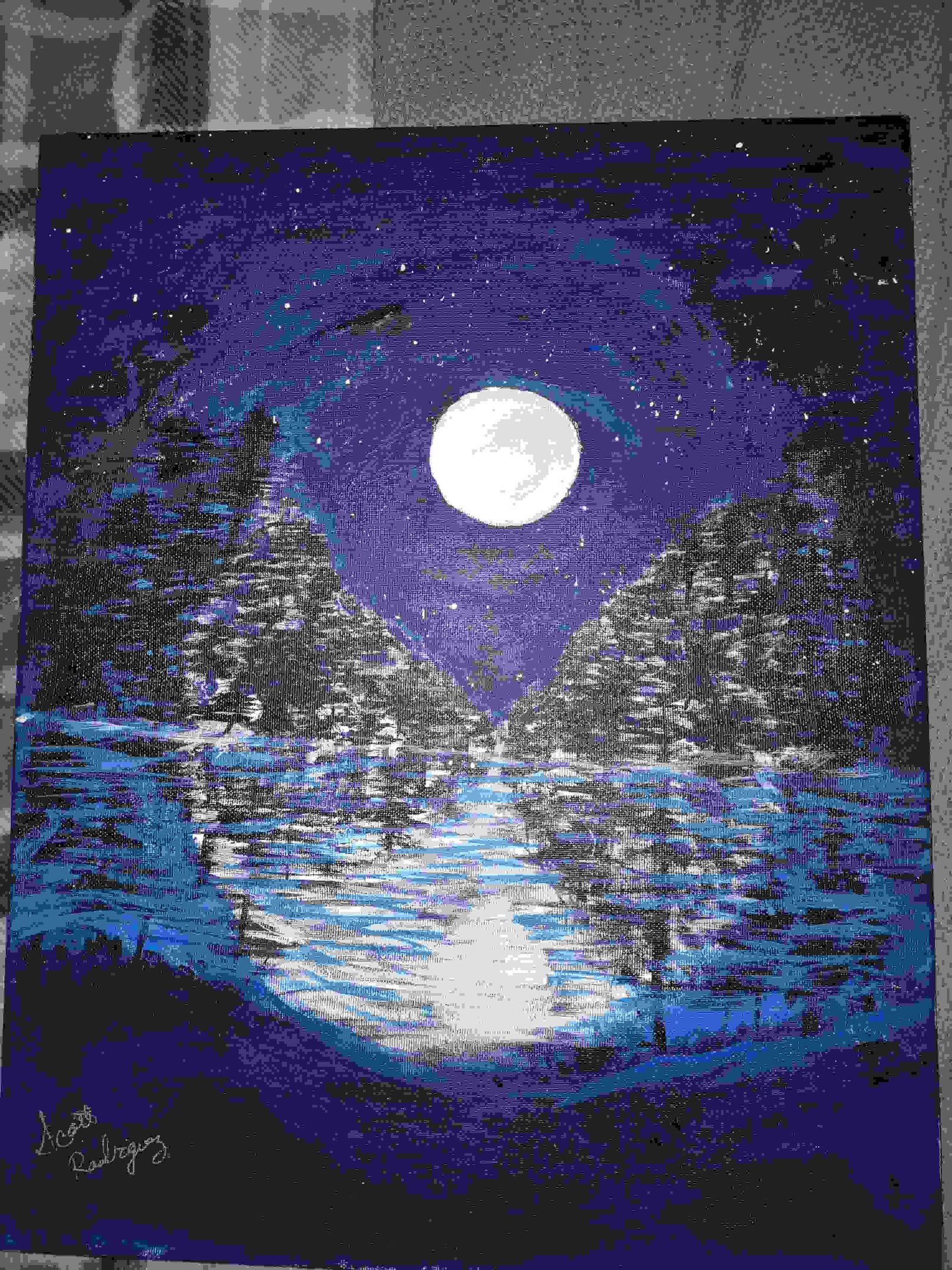 Painting Of Moonlit River In Acrylic Paint On Canvas Size