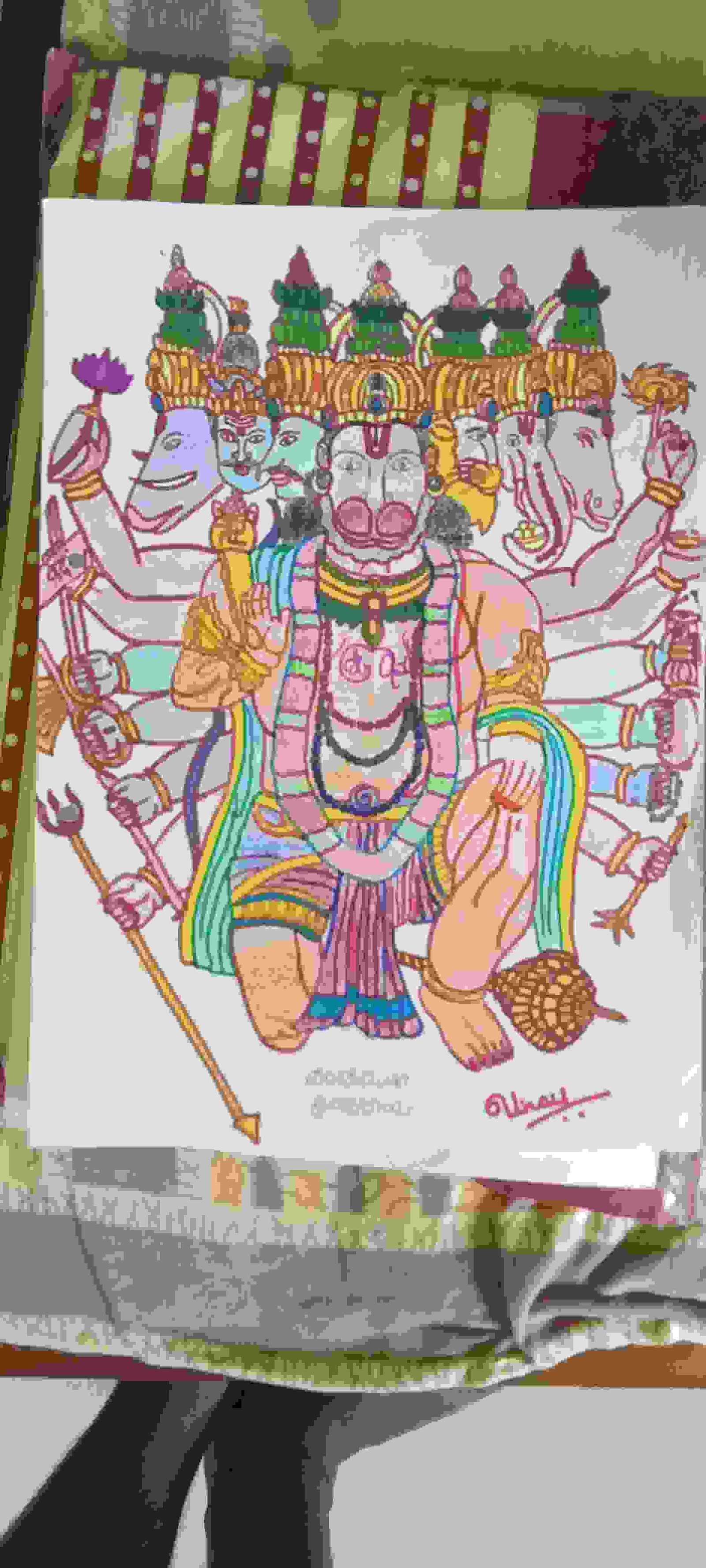 Painting Of Crayon Sketch Of Lord Panchmukhi Hanuman In