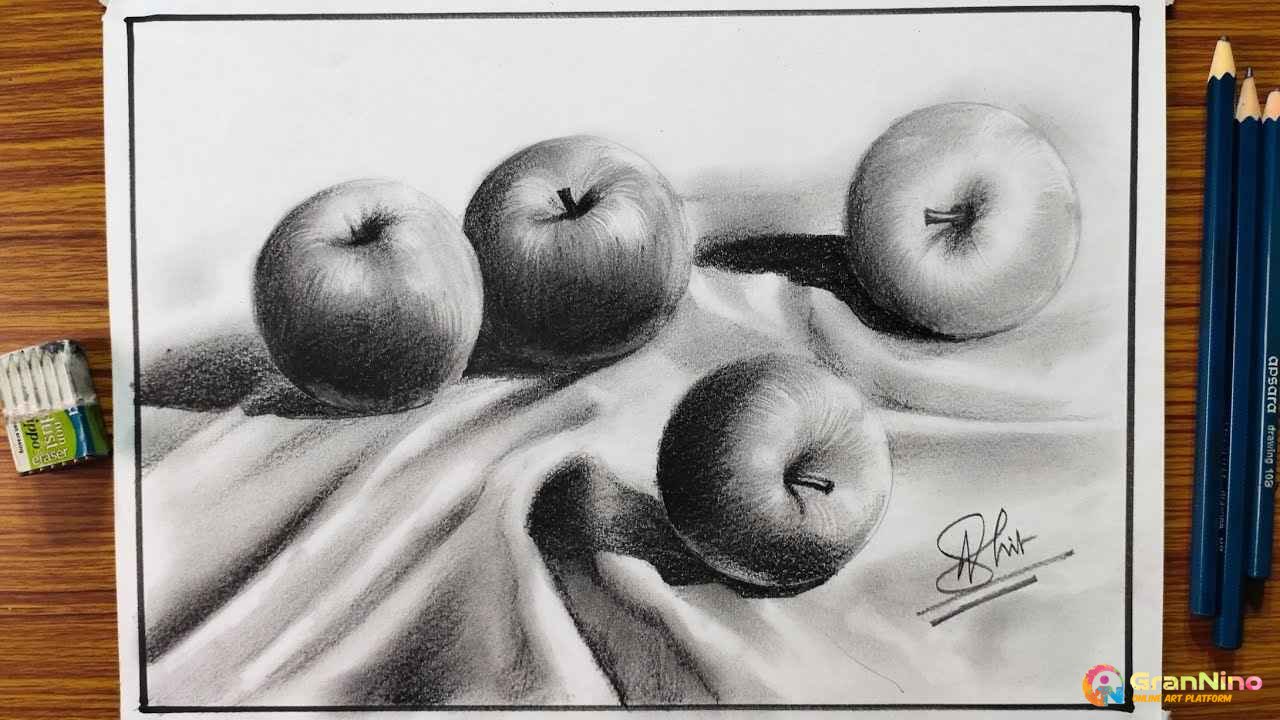 Still life drawing of fruits with shadows on Craiyon