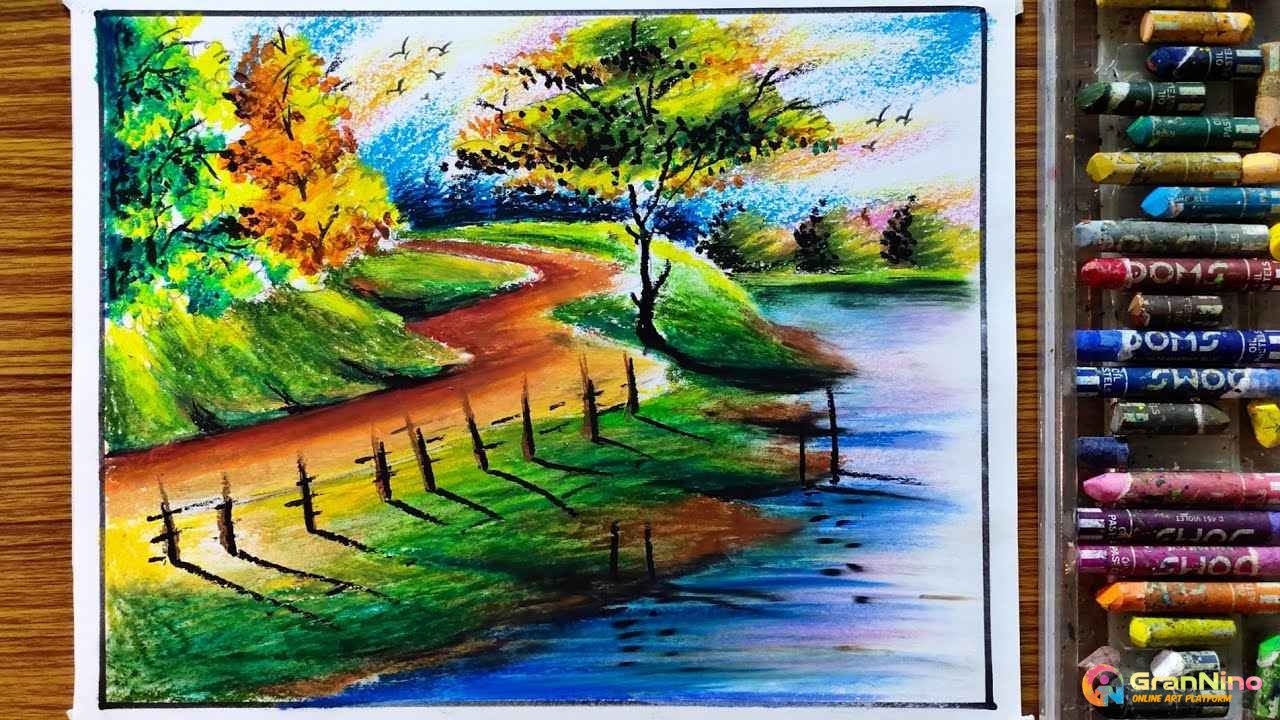 Nature Landscape - Drawing scenery using oil pastel - How to use oil pastels  - oil pastel lesson - YouTube