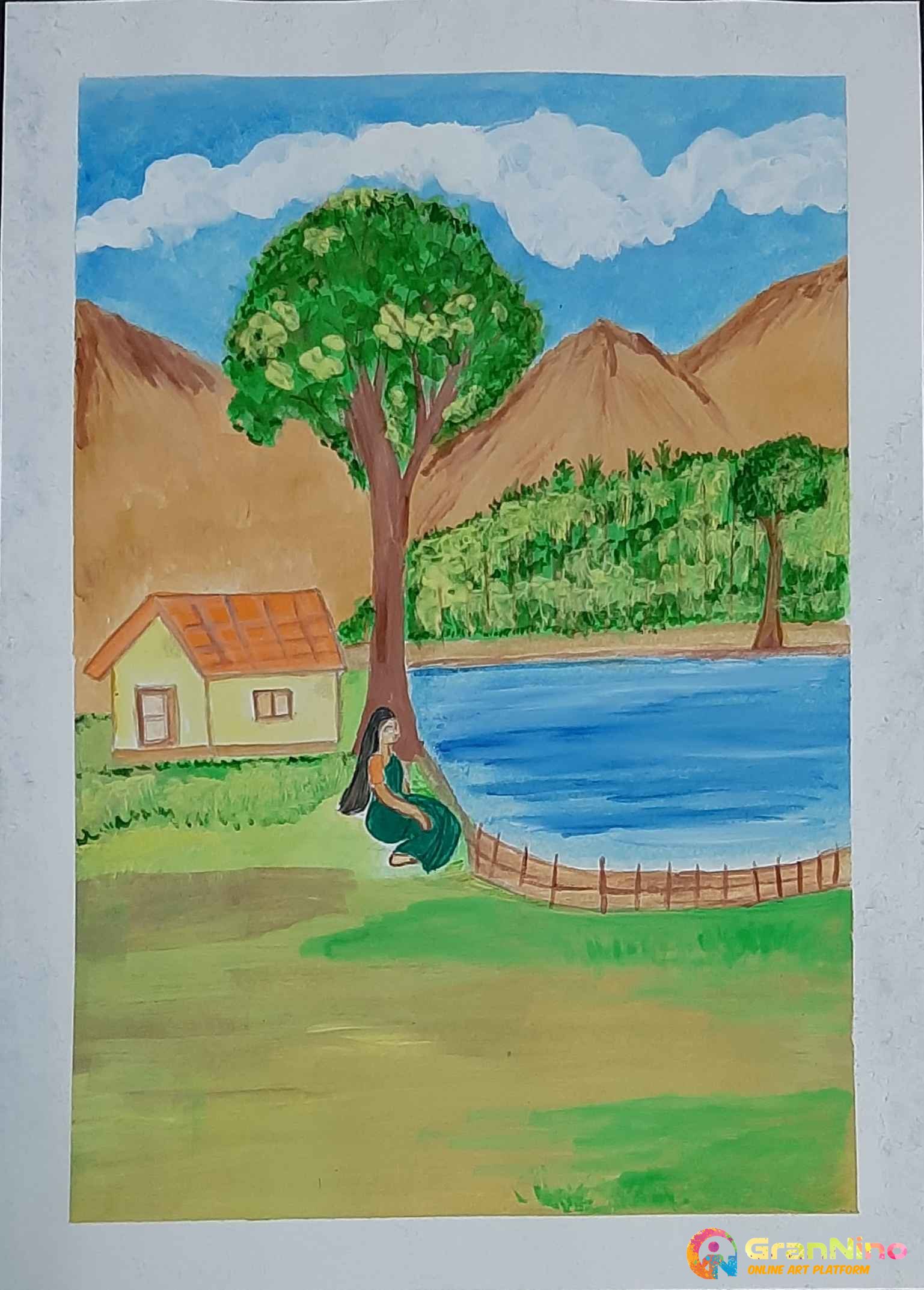 Natural Scene With House And A Lady For Kids Drawing