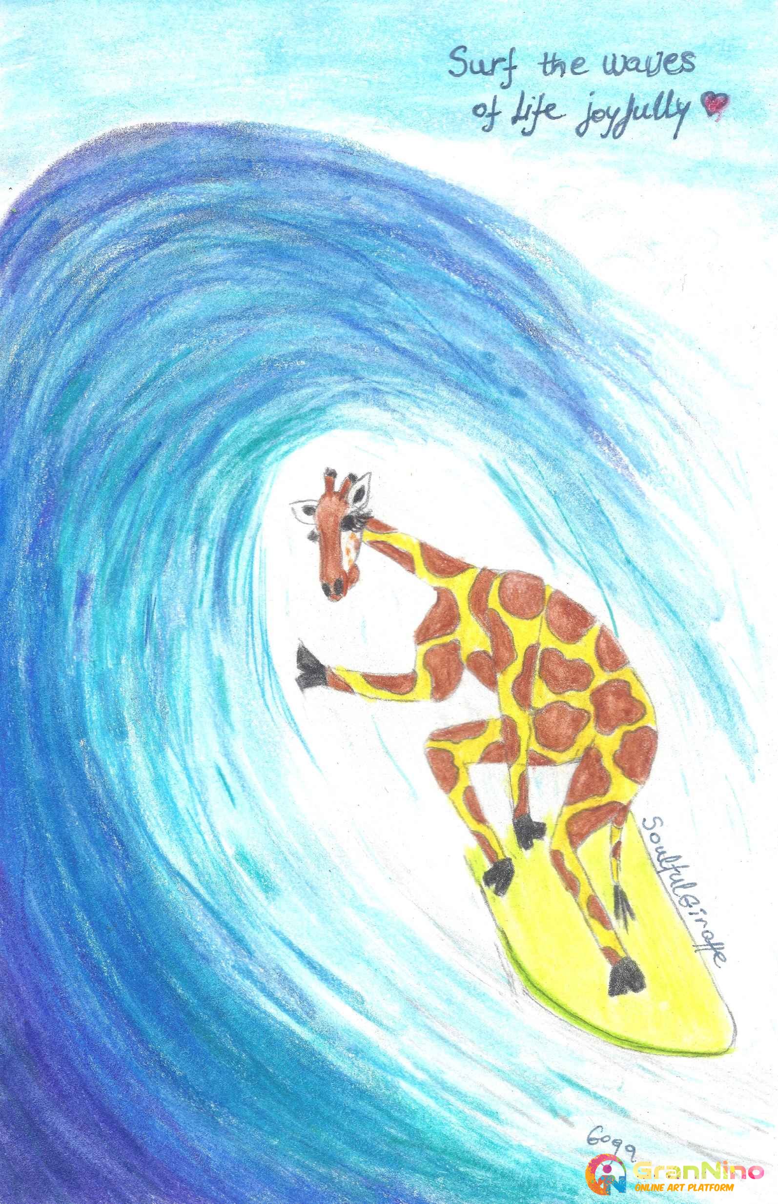 Soulful Giraffe Surfing The Sea Waves