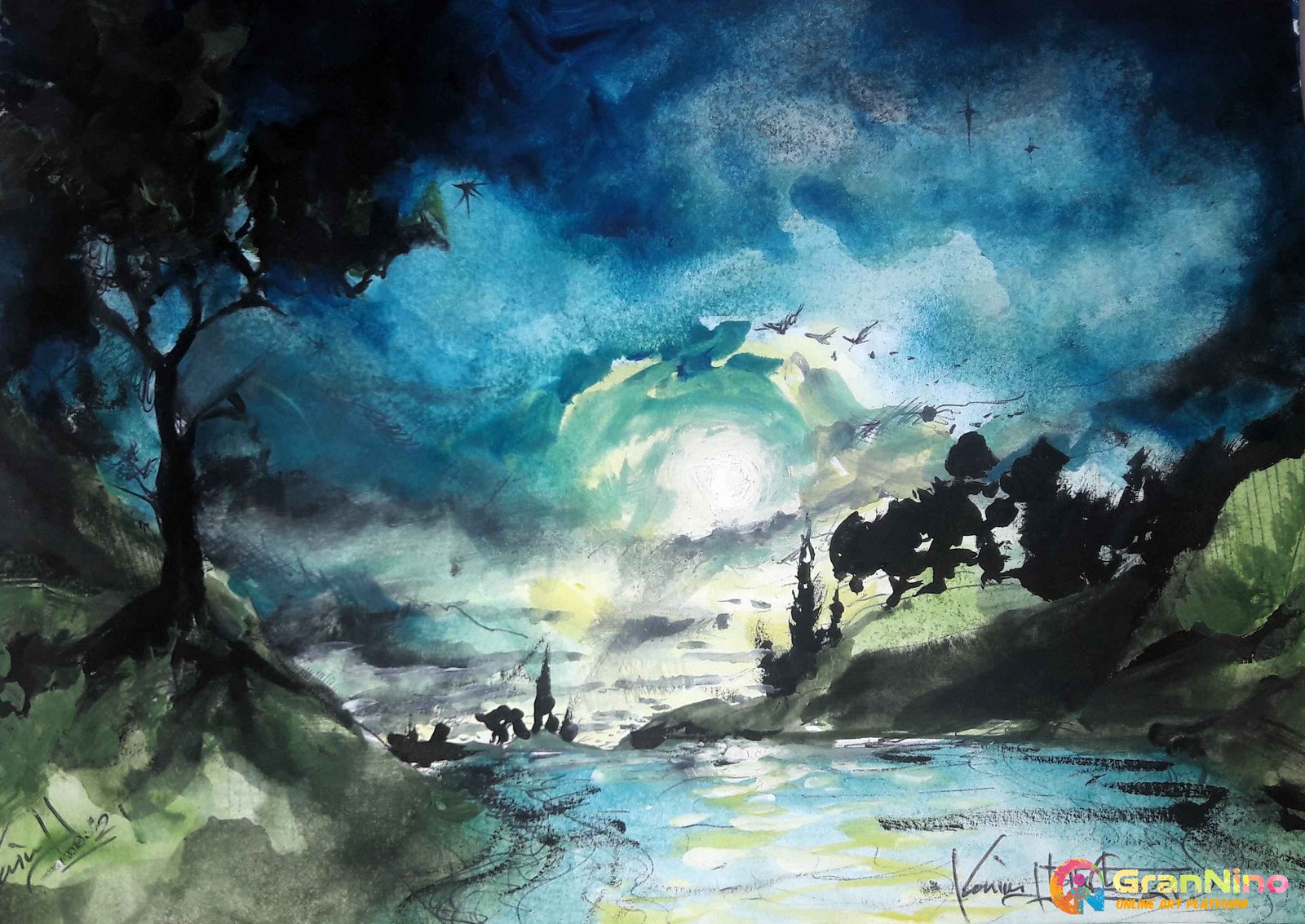 Moonlit River Watercolour On Paper Concieved And Executed