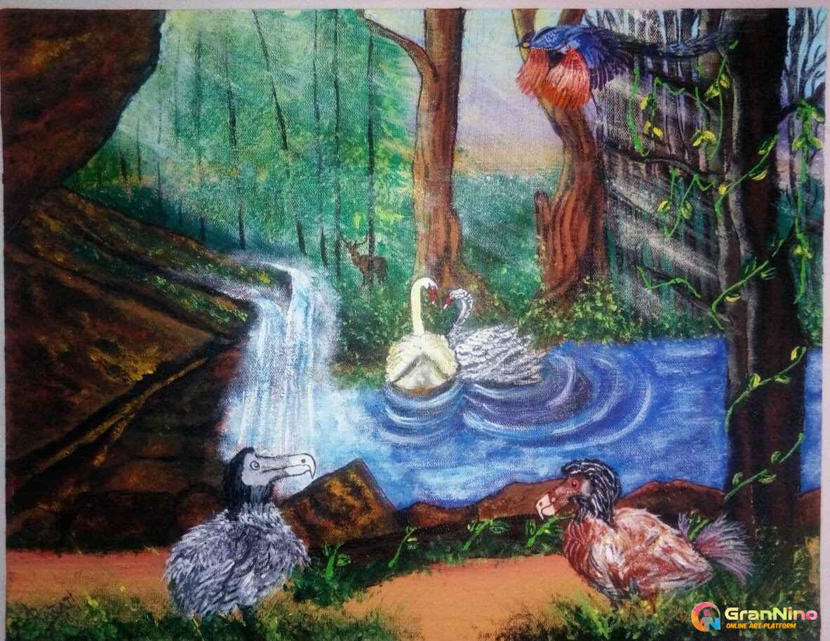 A Happy Pair Of Dodo Acrylic On Canvas 18x12