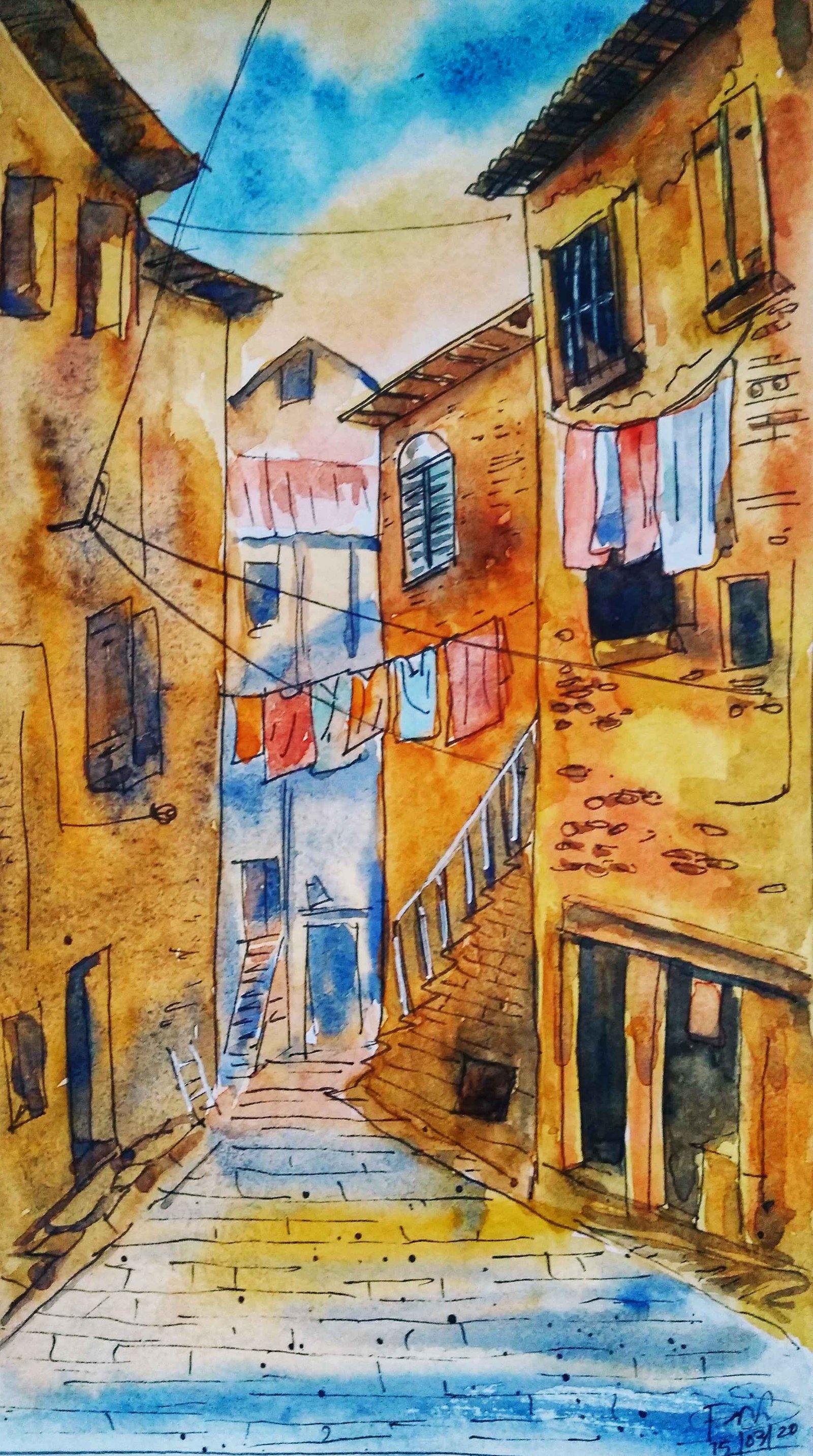 Hanging Clothes In Balcony Depicting Urban Indian Life Series 021