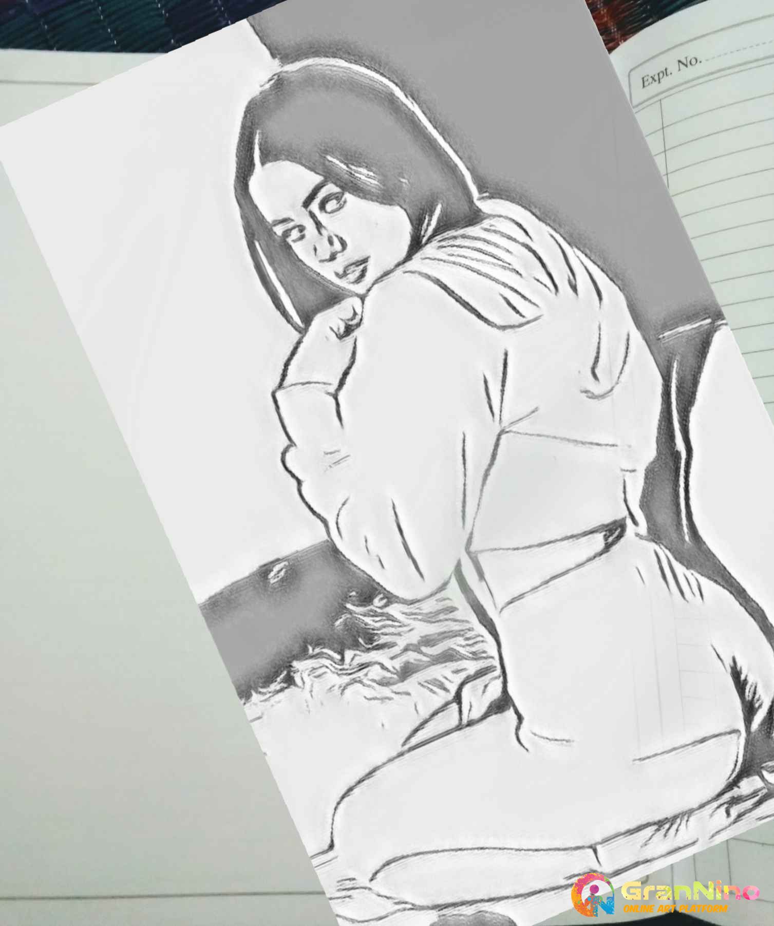 Detailed black and white line art of a female model on Craiyon