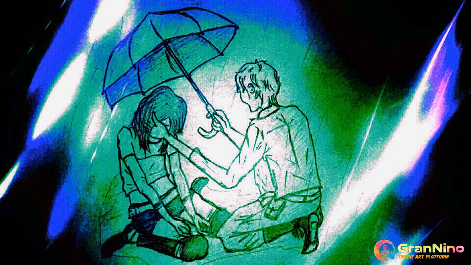 Japanese Anime Friends In Rain Kids Drawing