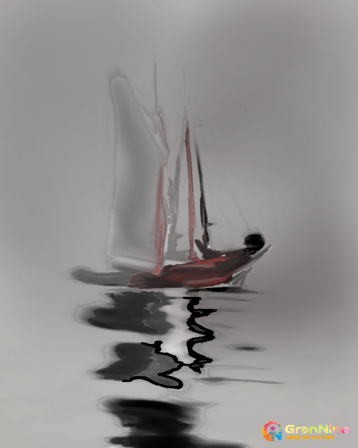 Painting Of Boat On Foggy Morning In Digital Art Size 30cm