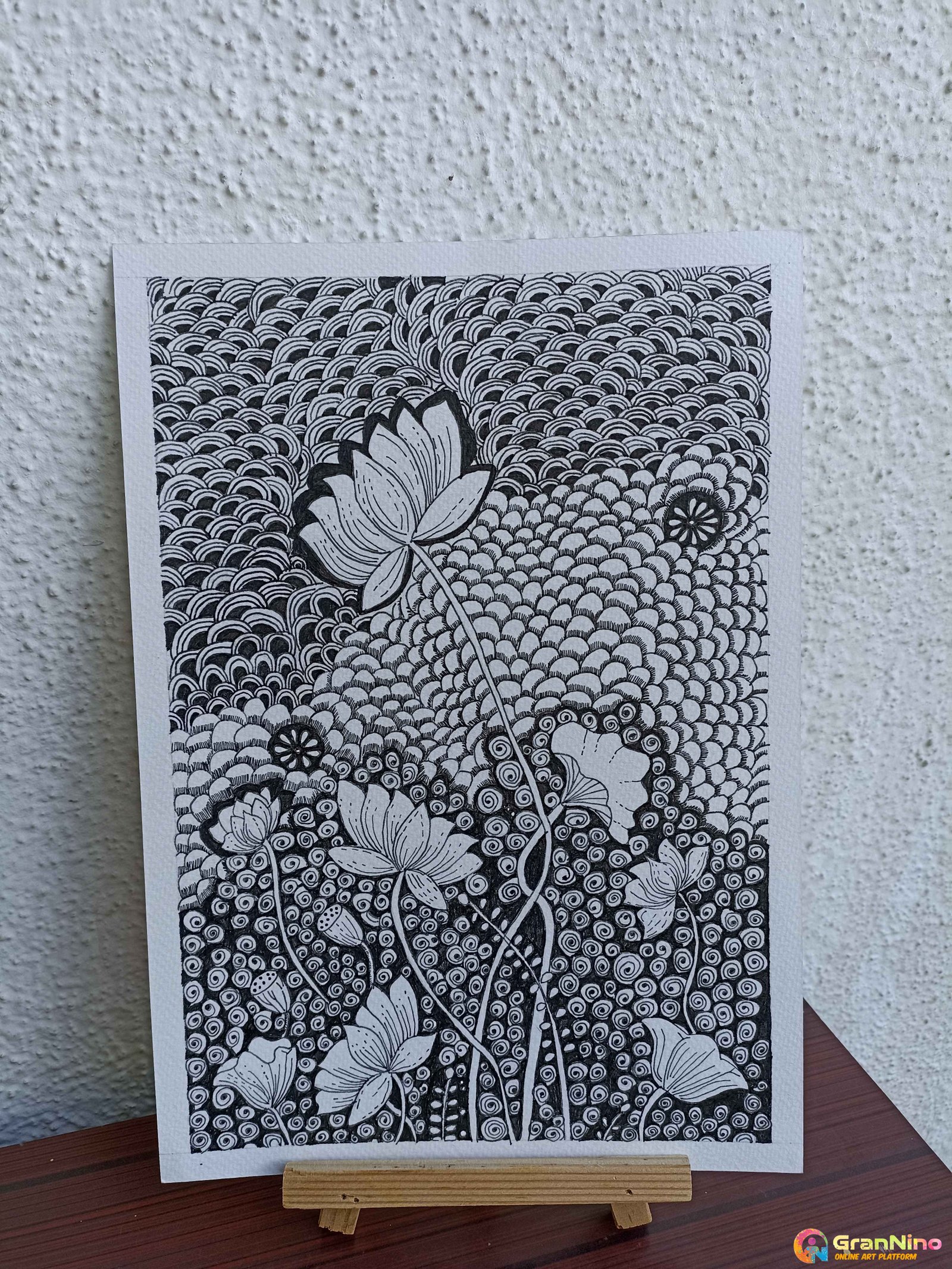 Painting Of Handmade Lotus Zentangle In Black Fine Liners