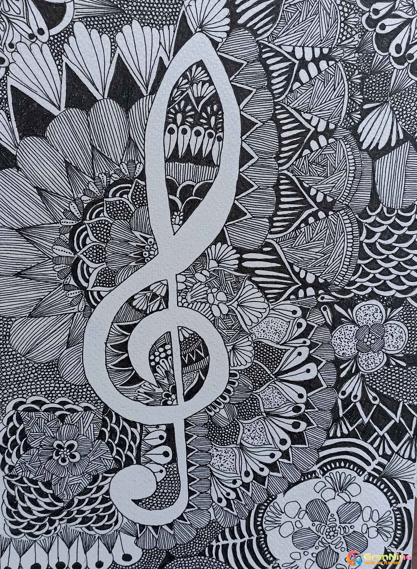 Painting Of Zentangle On The Water Colour Paper By Black