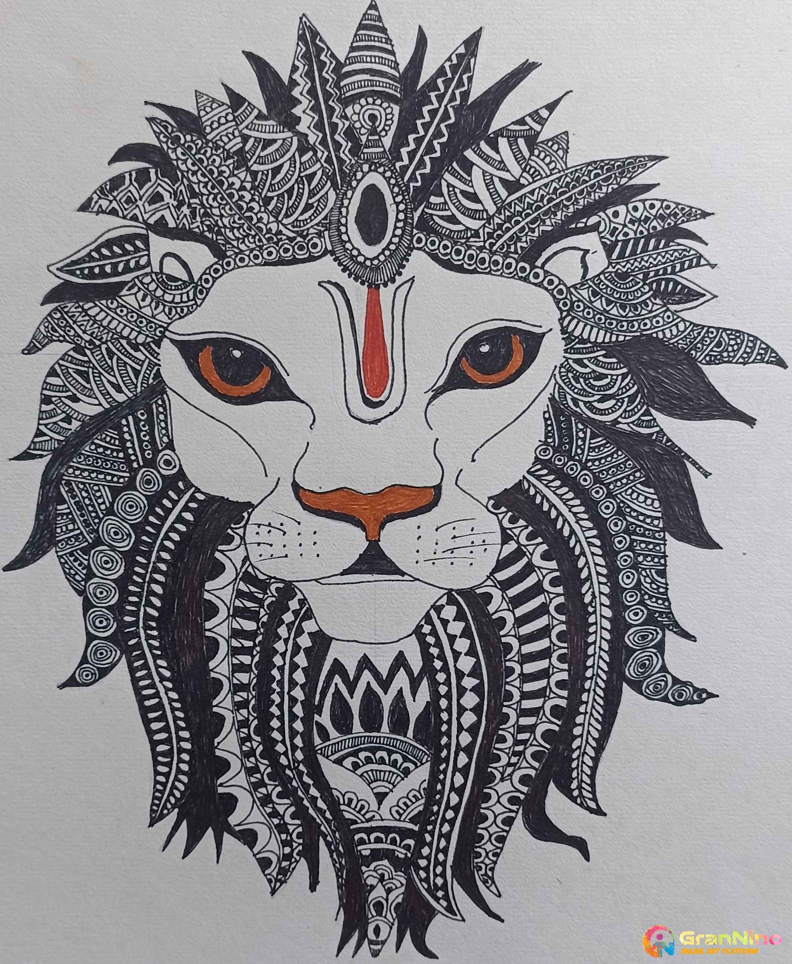 Painting Of Narsimha Zentangle In Black Fine Liners Pen