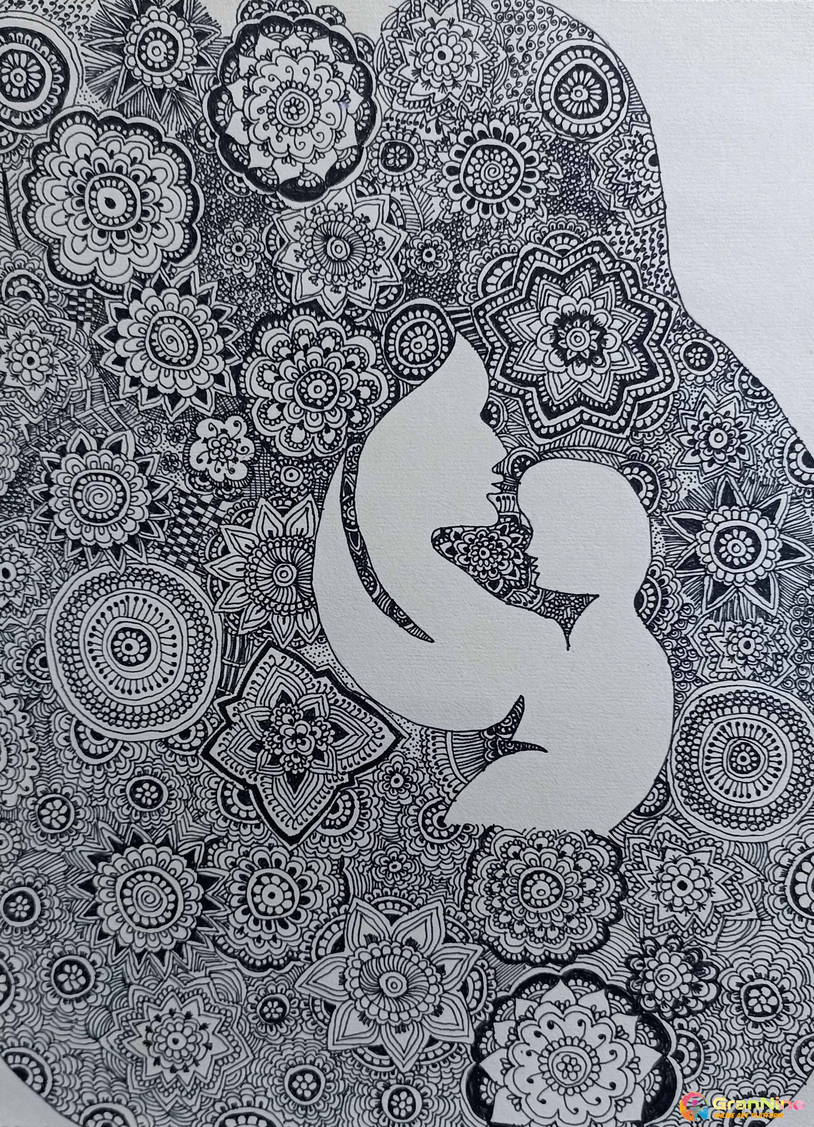 Painting Of Mom And Son Zentangle In Black Fine Liners Pen