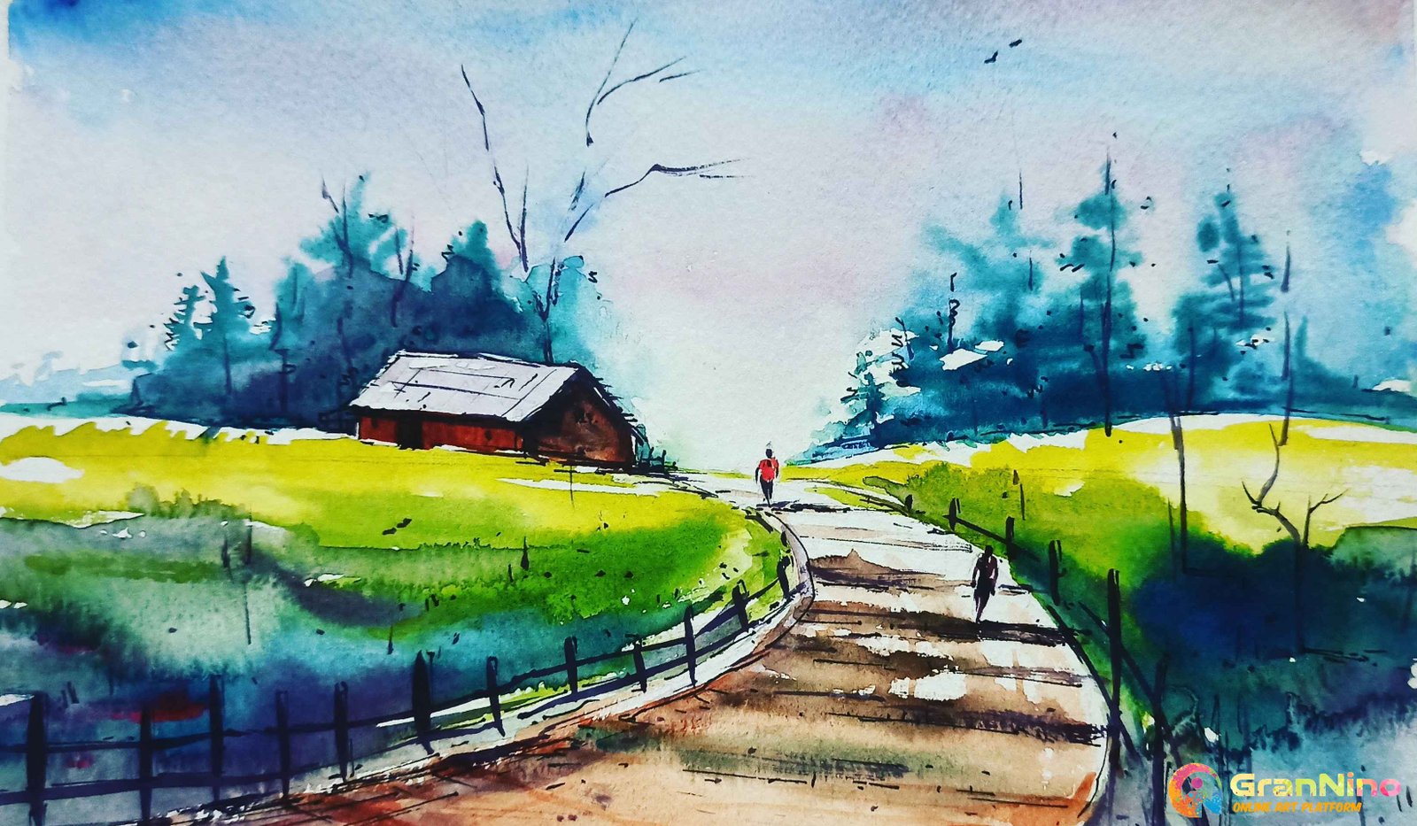 Cabin In The Woods Water Colour Painting