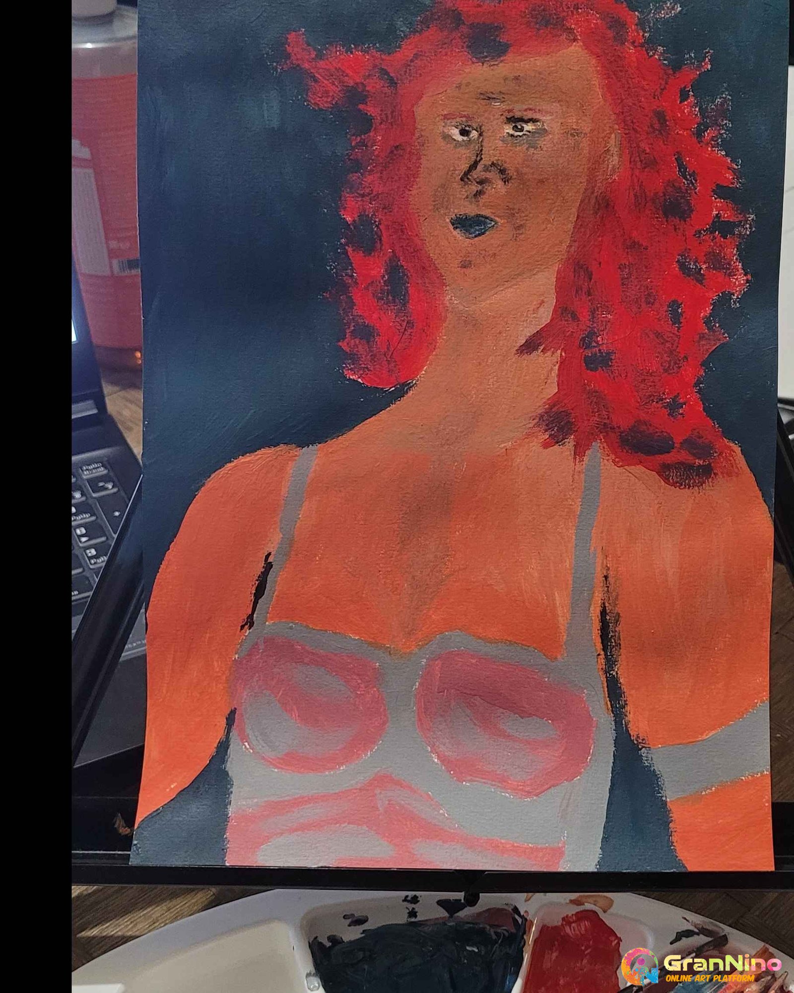 Painting Of Red Haired Woman In Armor In Acrylic Paint On