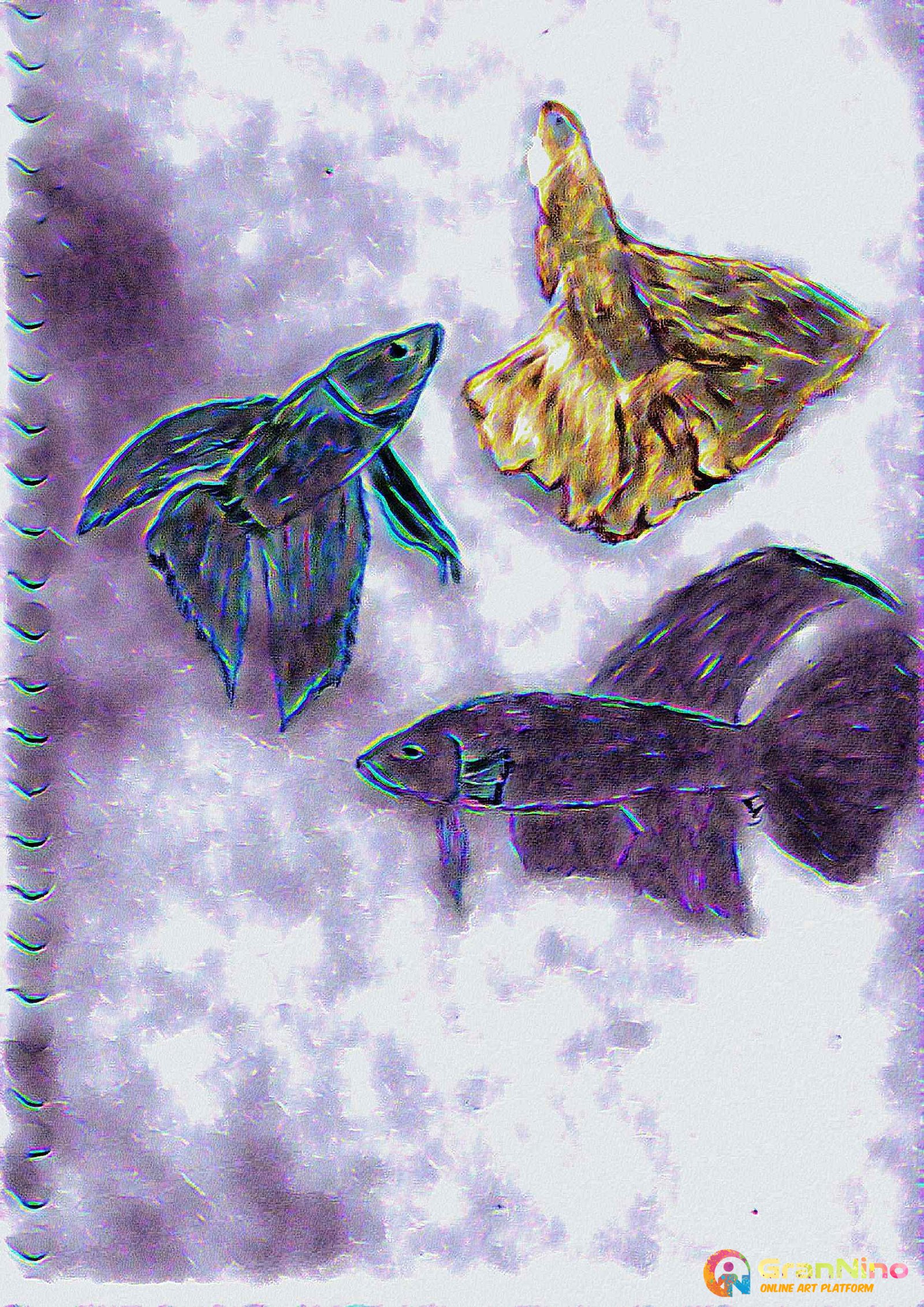 Painting Of Fighting Fish In Drawn And Digitally Rendered