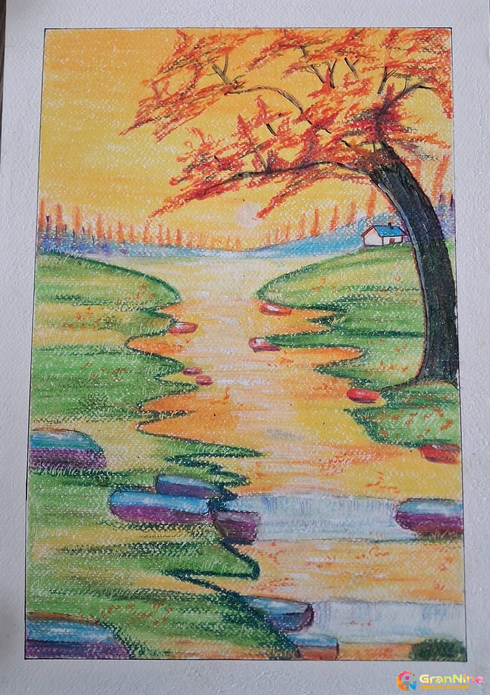 Landscape View Of An Autumn For Kids Drawing