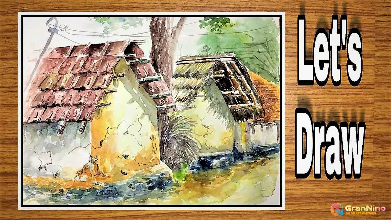 Painting Of Village Cottage In Water Colour Size 3045 Sq