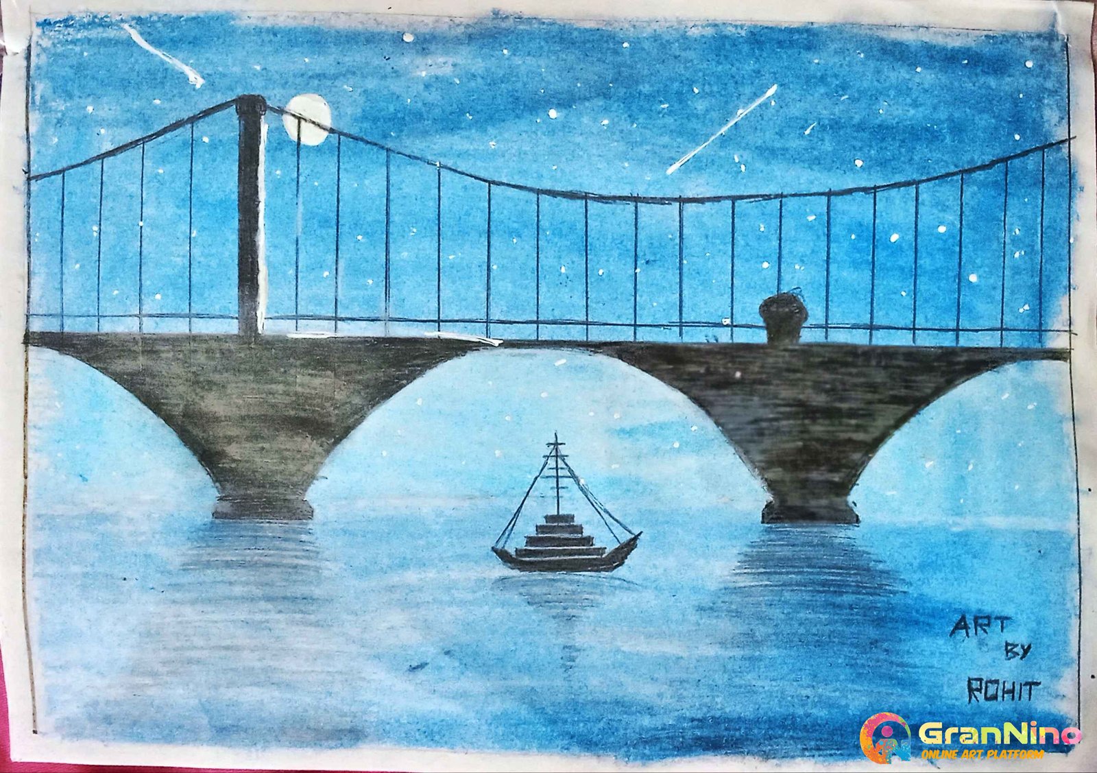 Painting Of Boat Under A Bridge In A Moon Light In It Was