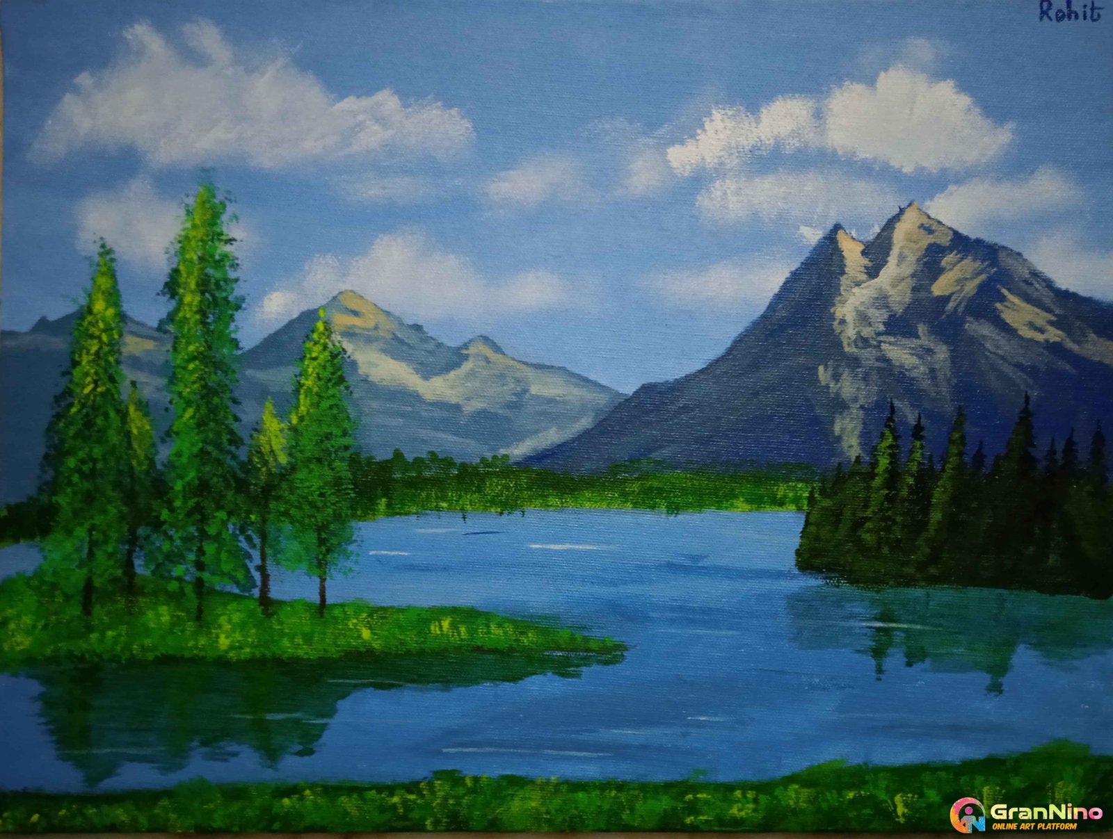 Painting Of A Perennial River Flowing From Mountains In It