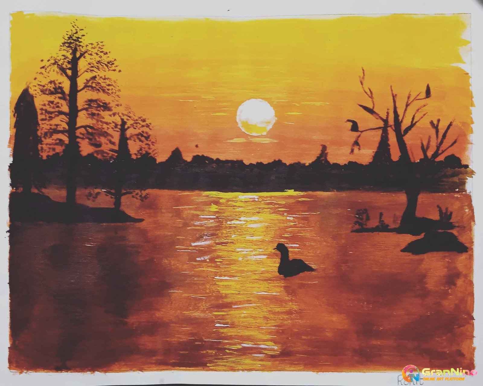 Painting Of River During A Sunset In It Was Drawn Using