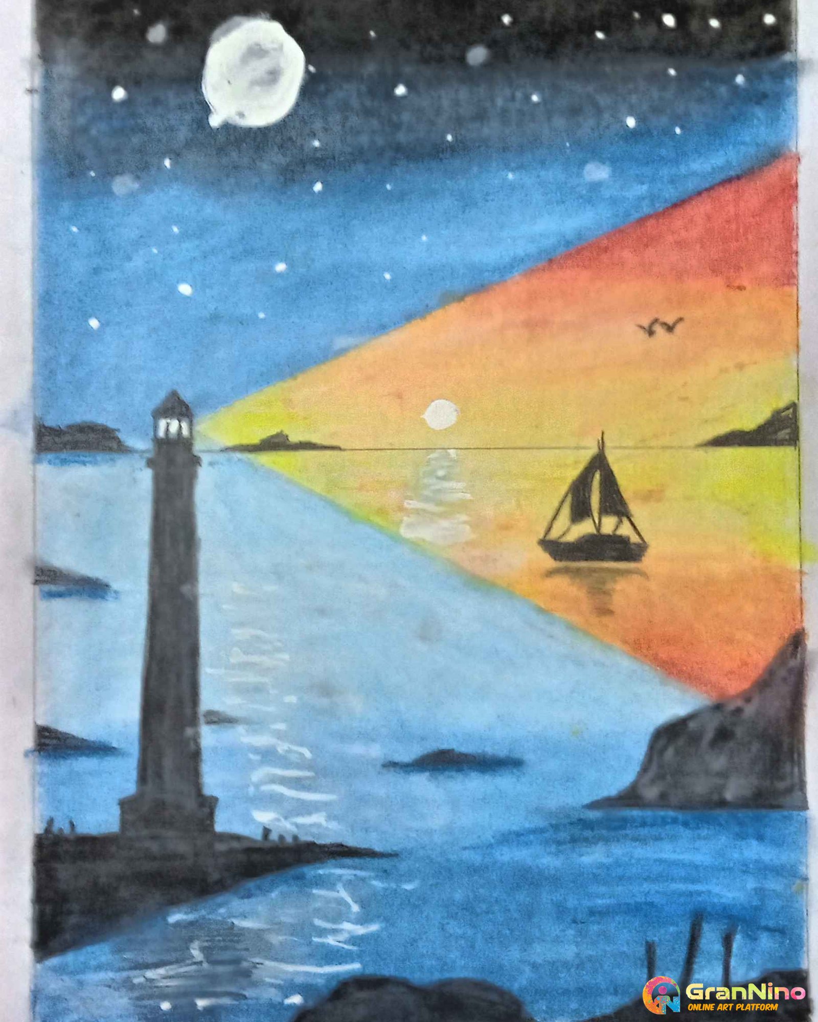 Moonlight night scenery drawing, Easy Scenery drawing for beginners with  oil pastel - YouTube