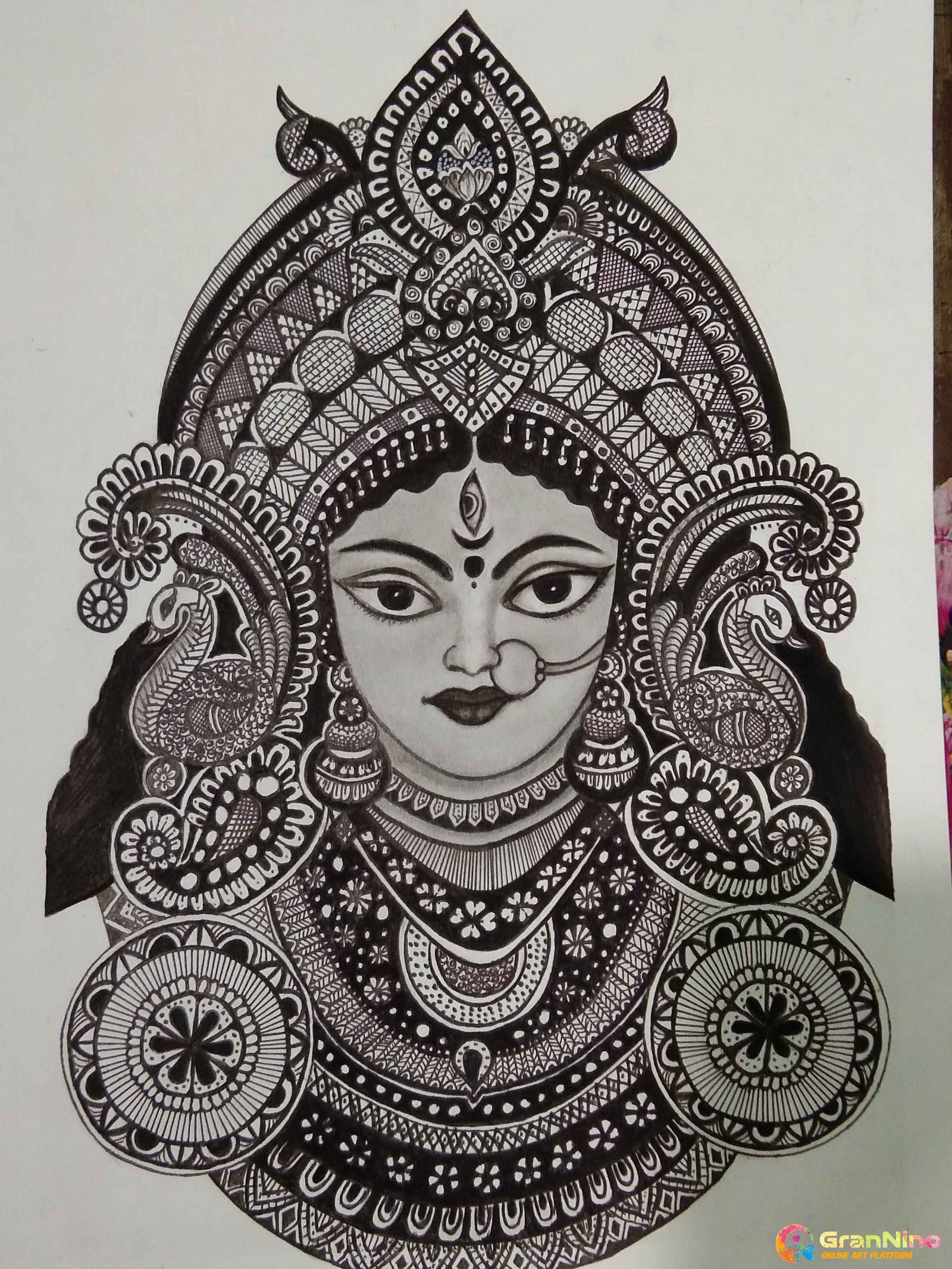 Maa Durga  Graphite and Charcoal On Bristol Paper  Sandhya Pandit   Exotic India Art
