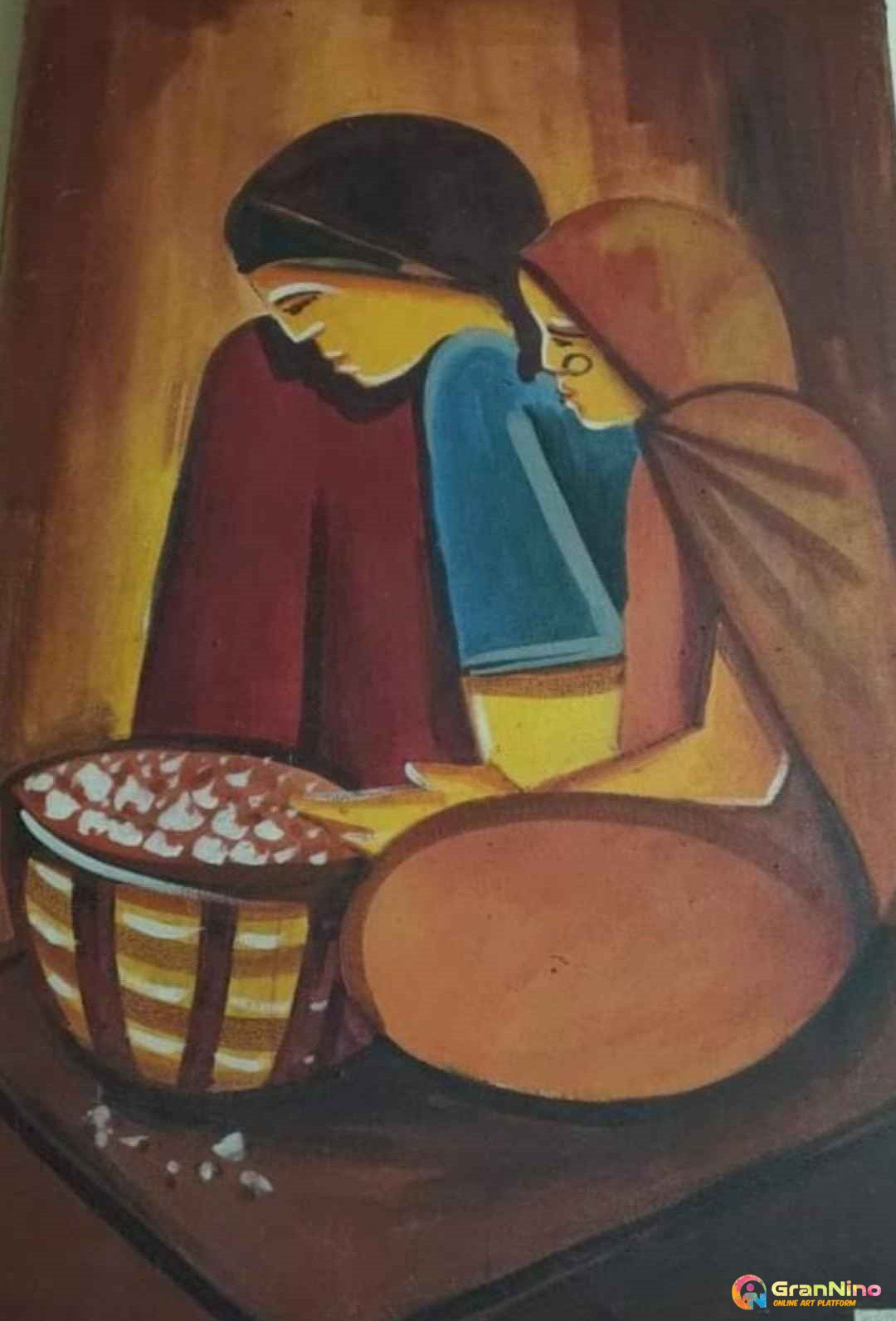 Two Ladies Collecting Flowers On A Basket