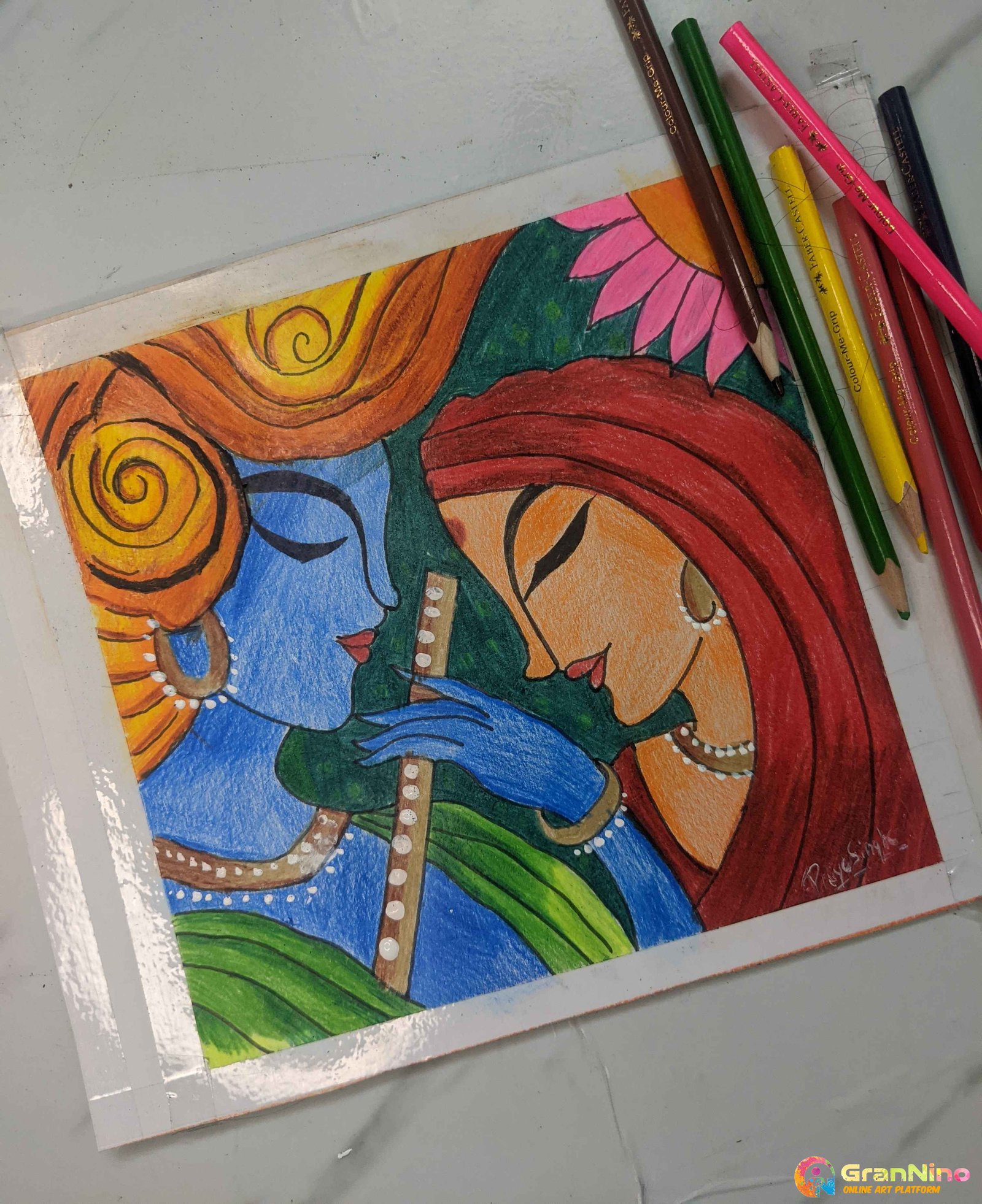 Painting Of Radha Krishna Drawing In Pencils - GranNino