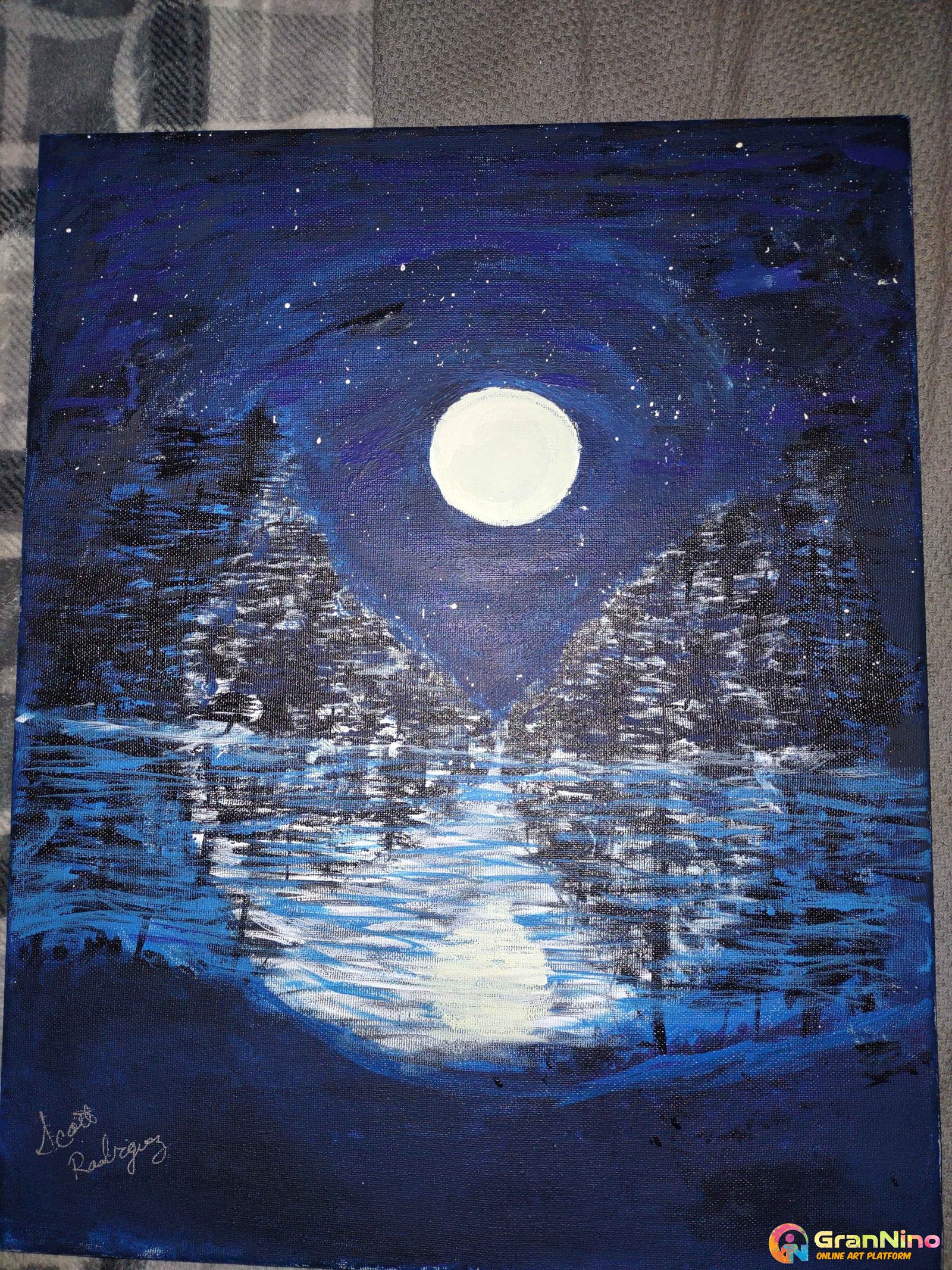 Painting Of Moonlit River In Acrylic Paint On Canvas Size