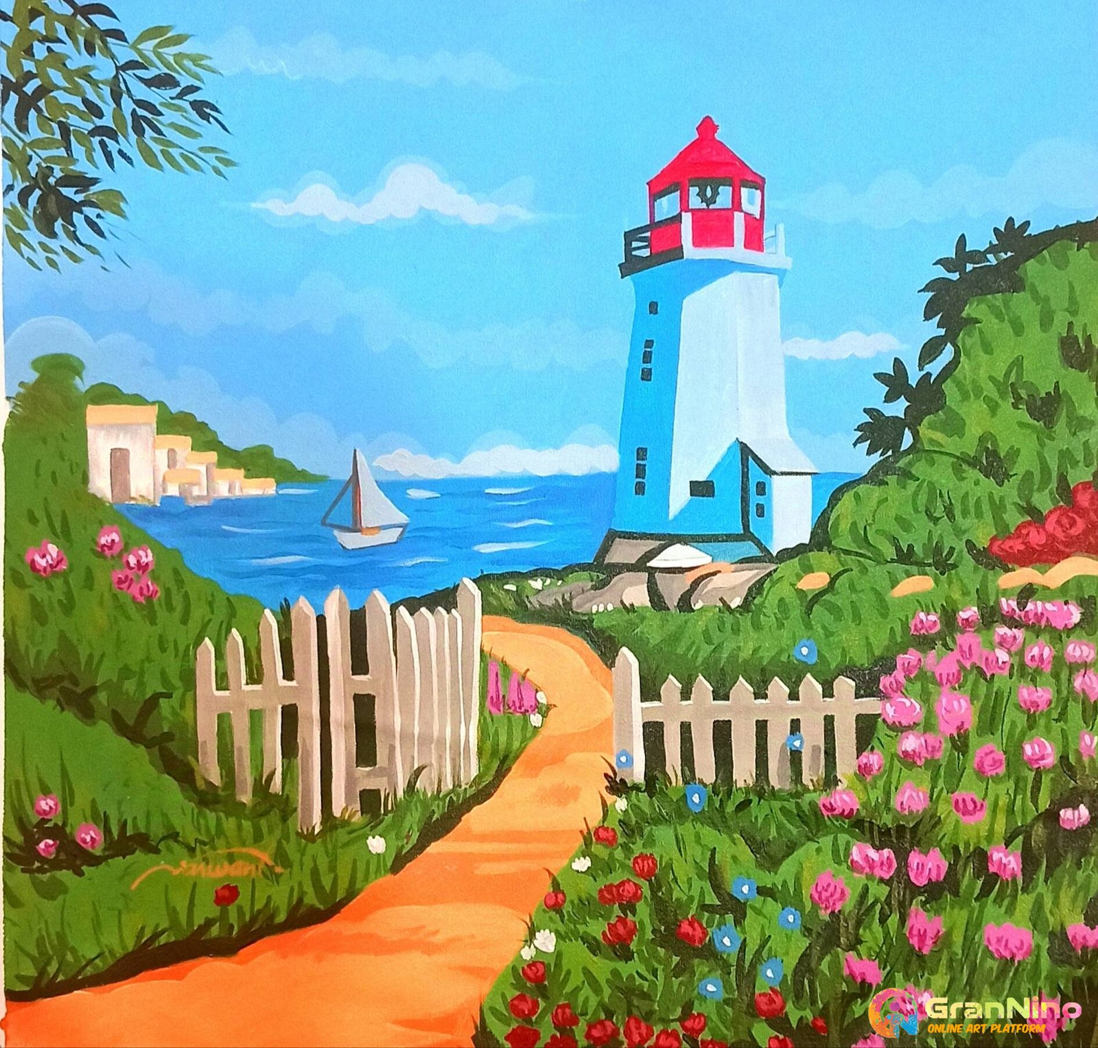 Light House Landscape with Floral Garden for Kids Drawing by @sultancreatio  | GranNino Artwork, image size:1600x1528