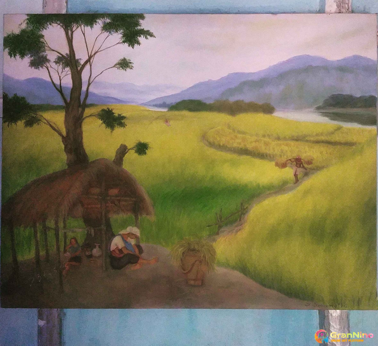 Painting Of Harvesting Paddy In Oil On Canvas Size 117cm