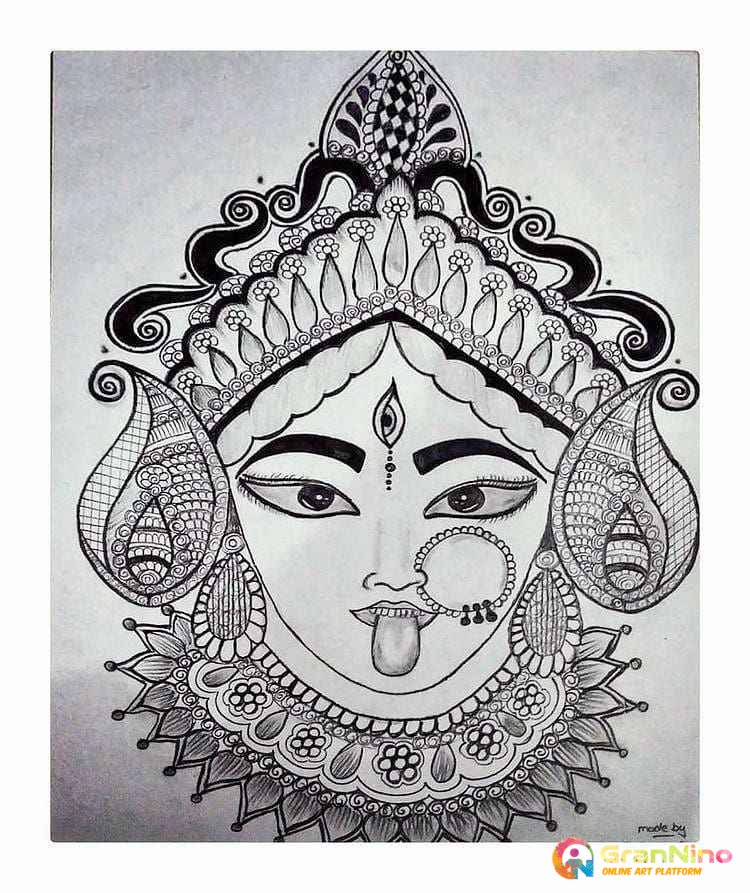 Painting Of Kali Maa In Pencil Sketch Size A3 Size Sq Cm